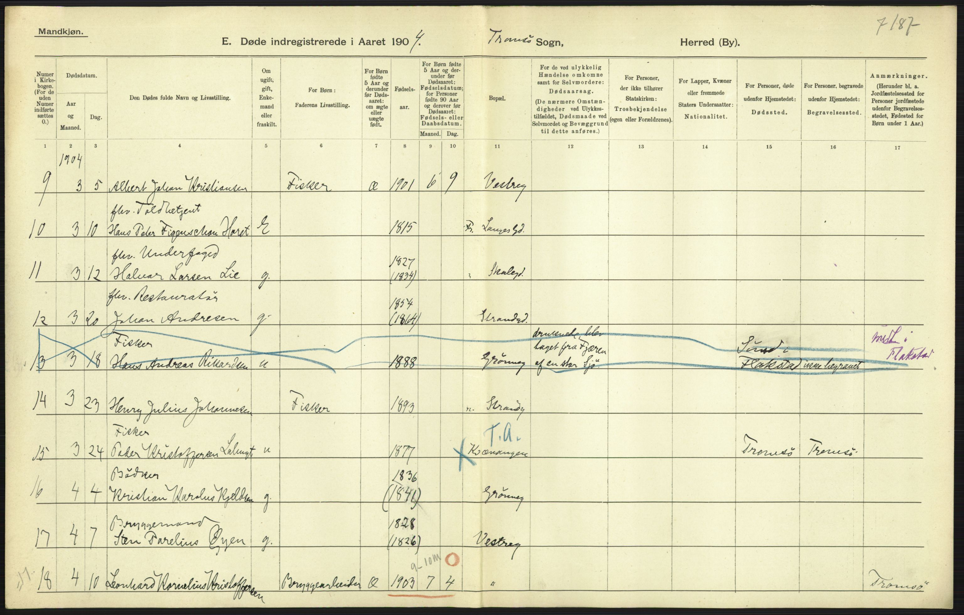 Statistisk sentralbyrå, Sosiodemografiske emner, Befolkning, RA/S-2228/D/Df/Dfa/Dfab/L0022: Tromsø amt: Fødte, gifte, døde, 1904, s. 525