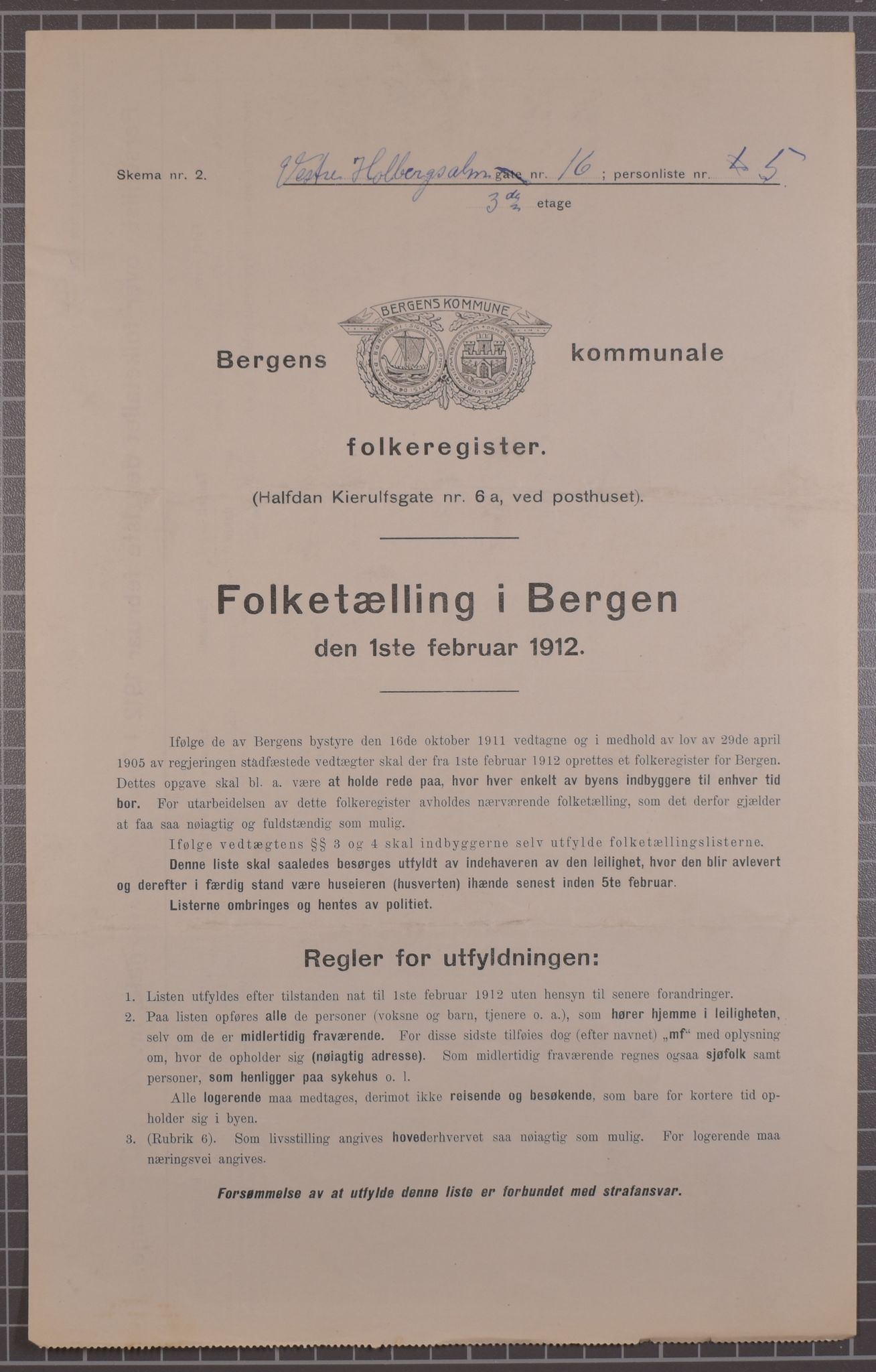 SAB, Kommunal folketelling 1912 for Bergen kjøpstad, 1912, s. 3469