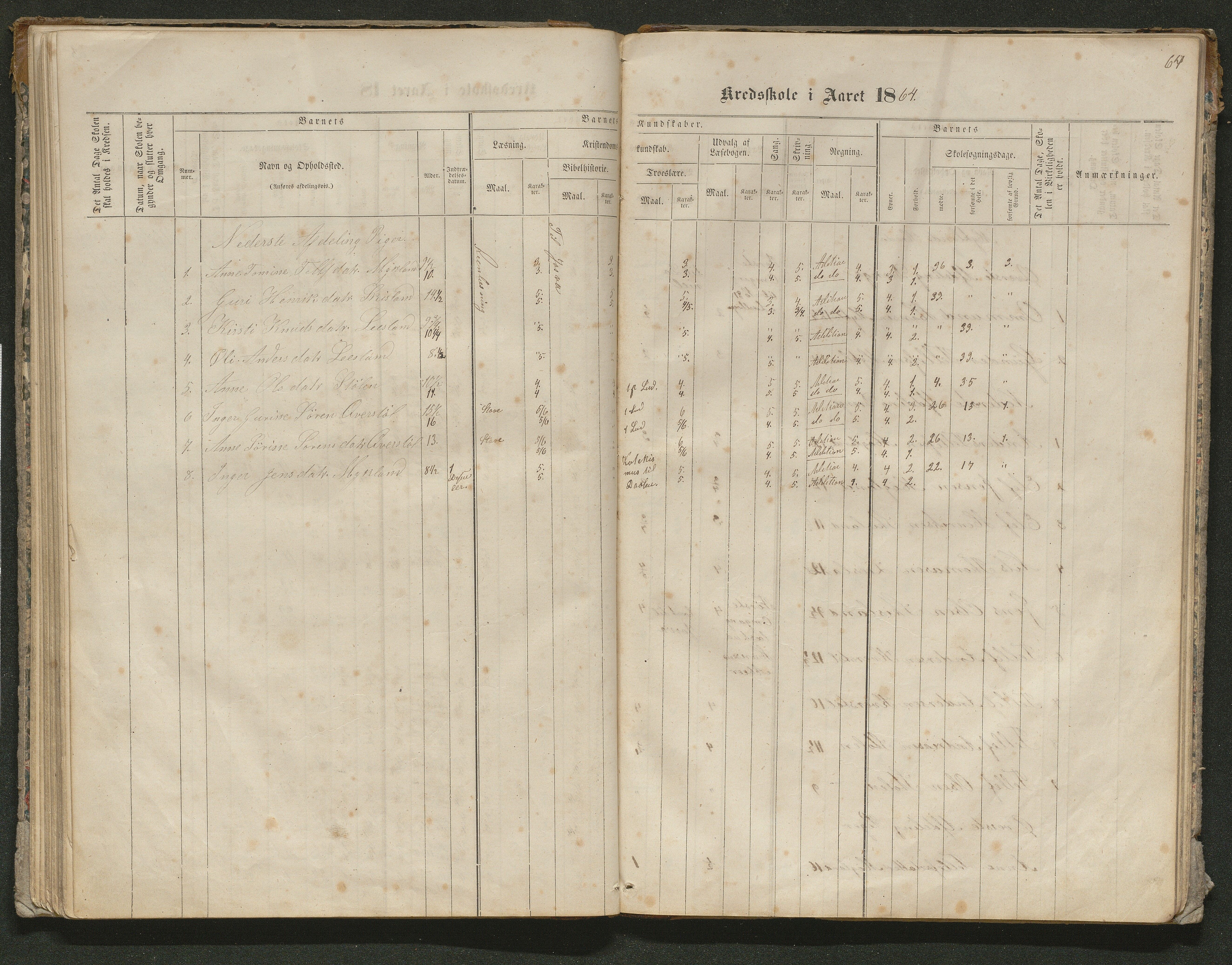 Iveland kommune, De enkelte kretsene/Skolene, AAKS/KA0935-550/A_10/L0005: Skoleprotokoll for Frøyså og Mykland krets, 1864-1881, s. 64