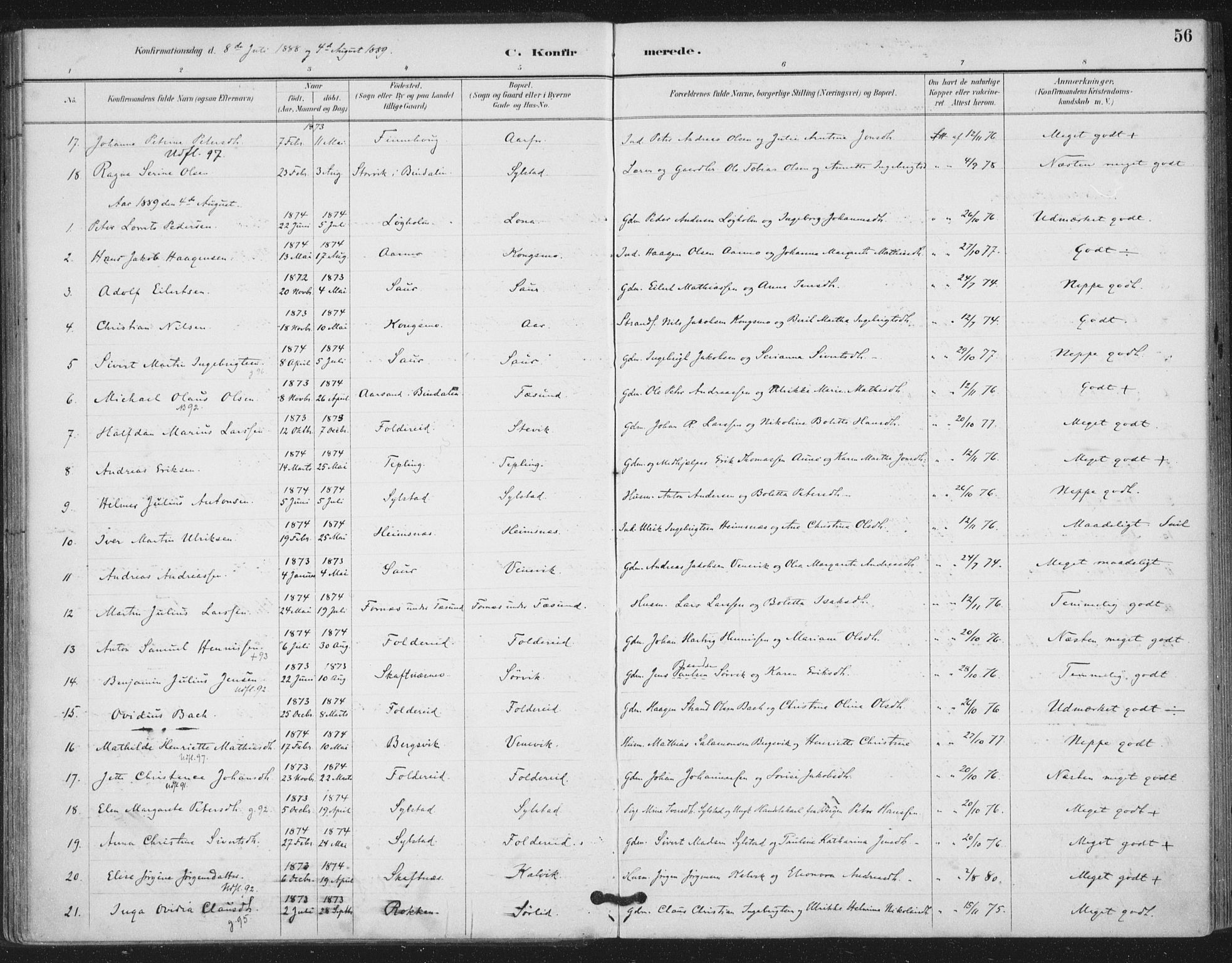 Ministerialprotokoller, klokkerbøker og fødselsregistre - Nord-Trøndelag, AV/SAT-A-1458/783/L0660: Ministerialbok nr. 783A02, 1886-1918, s. 56