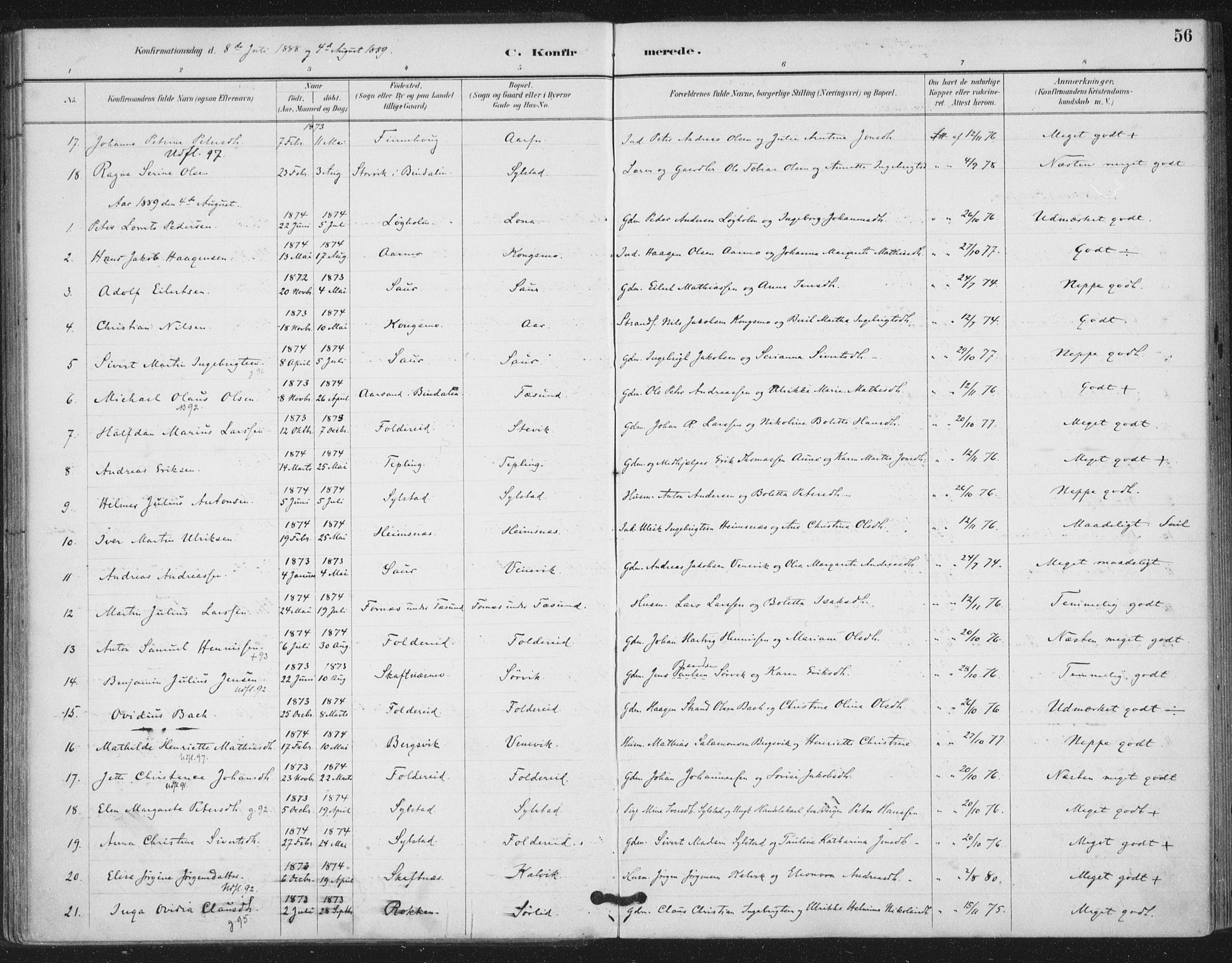 Ministerialprotokoller, klokkerbøker og fødselsregistre - Nord-Trøndelag, SAT/A-1458/783/L0660: Ministerialbok nr. 783A02, 1886-1918, s. 56