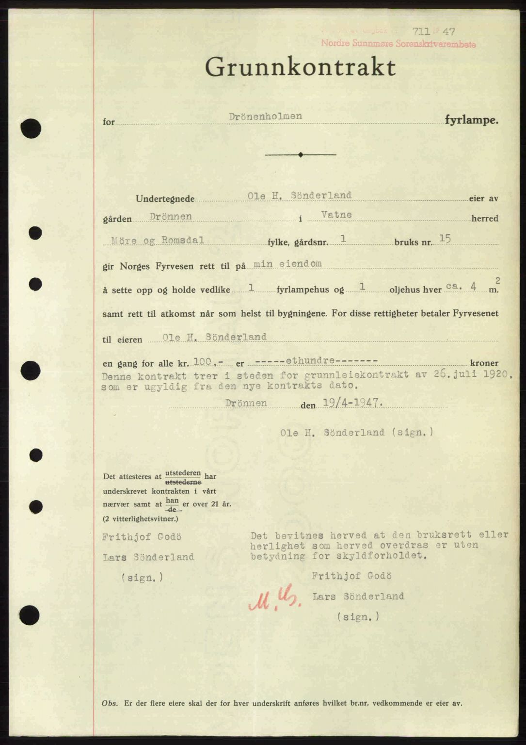 Nordre Sunnmøre sorenskriveri, AV/SAT-A-0006/1/2/2C/2Ca: Pantebok nr. A24, 1947-1947, Dagboknr: 711/1947