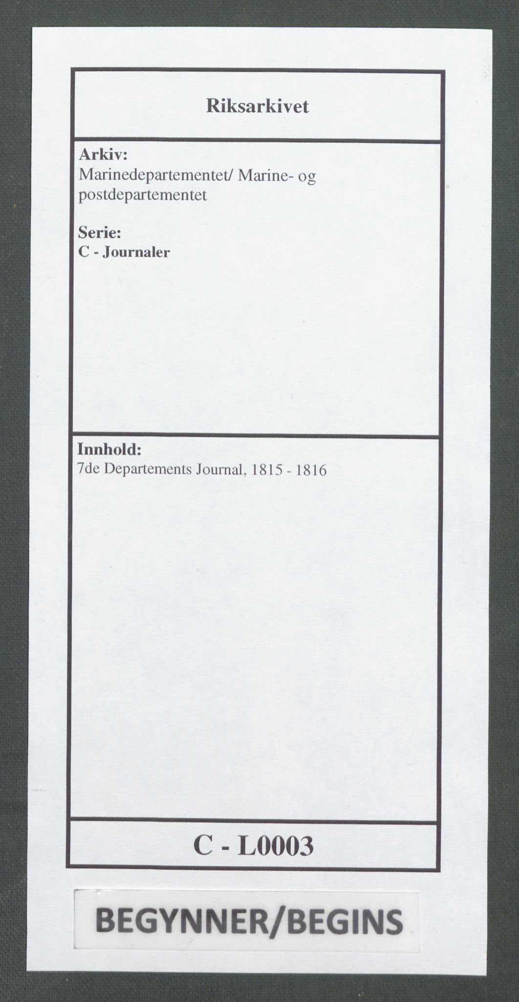 Marinedepartementet/ Marine- og postdepartementet, RA/RAFA-3792/C/L0003: 7de Departements Journal, 1815-1816