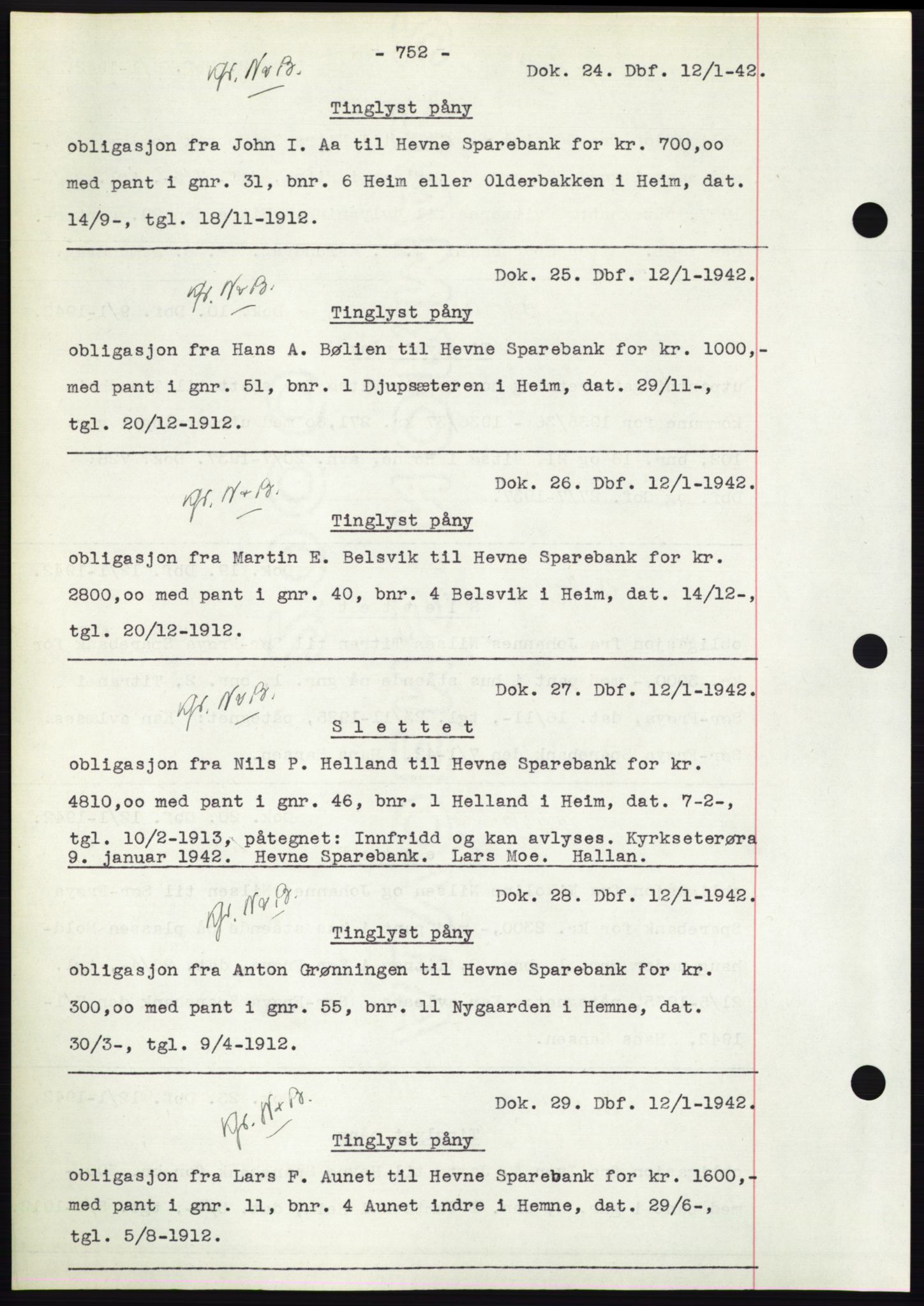 Hitra sorenskriveri, AV/SAT-A-0018/2/2C/2Ca: Pantebok nr. C1, 1936-1945, Dagboknr: 24/1942
