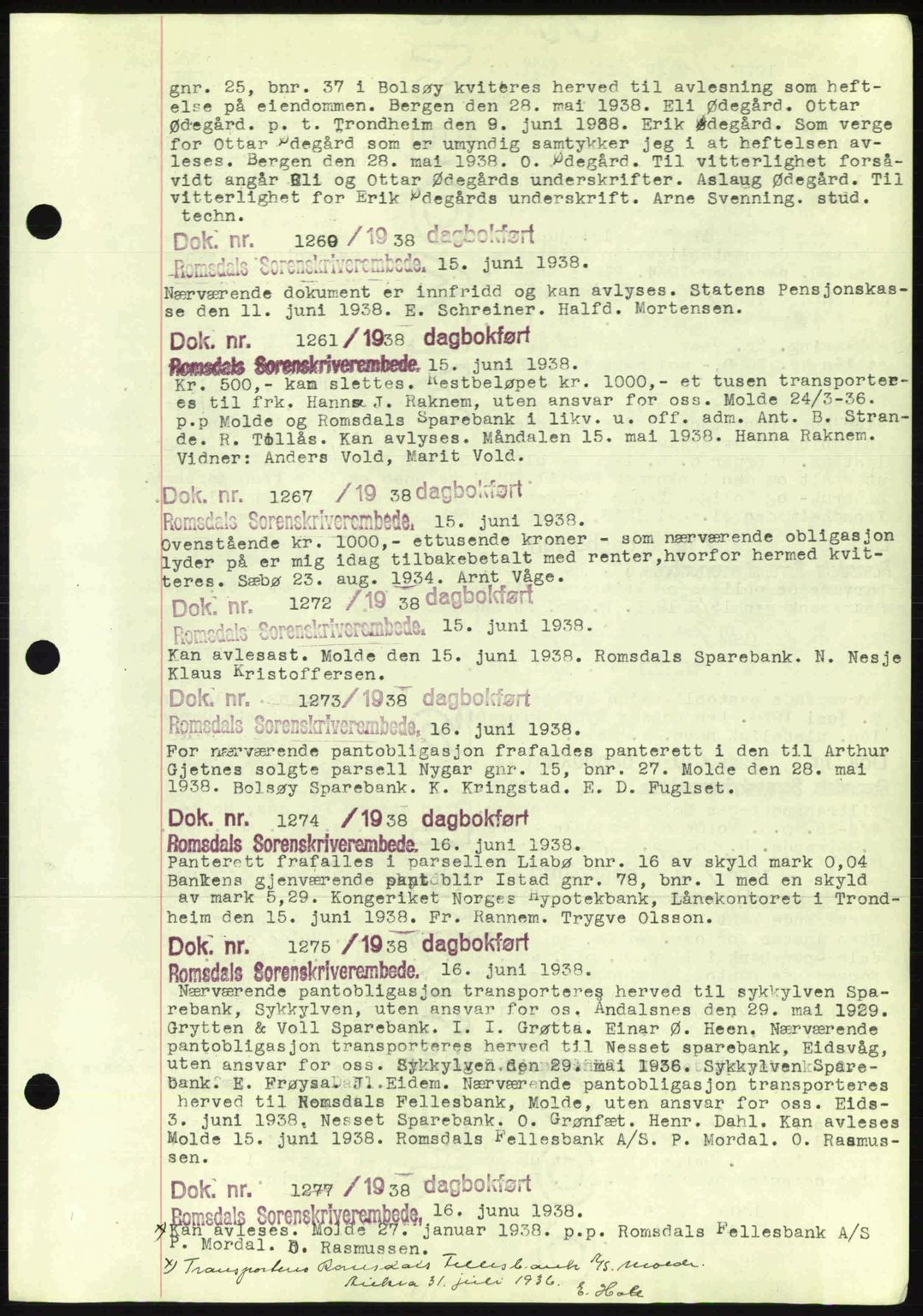 Romsdal sorenskriveri, AV/SAT-A-4149/1/2/2C: Pantebok nr. C1a, 1936-1945, Dagboknr: 1260/1938