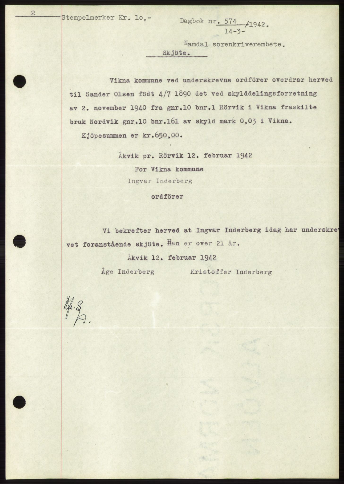Namdal sorenskriveri, SAT/A-4133/1/2/2C: Pantebok nr. -, 1941-1942, Dagboknr: 574/1942