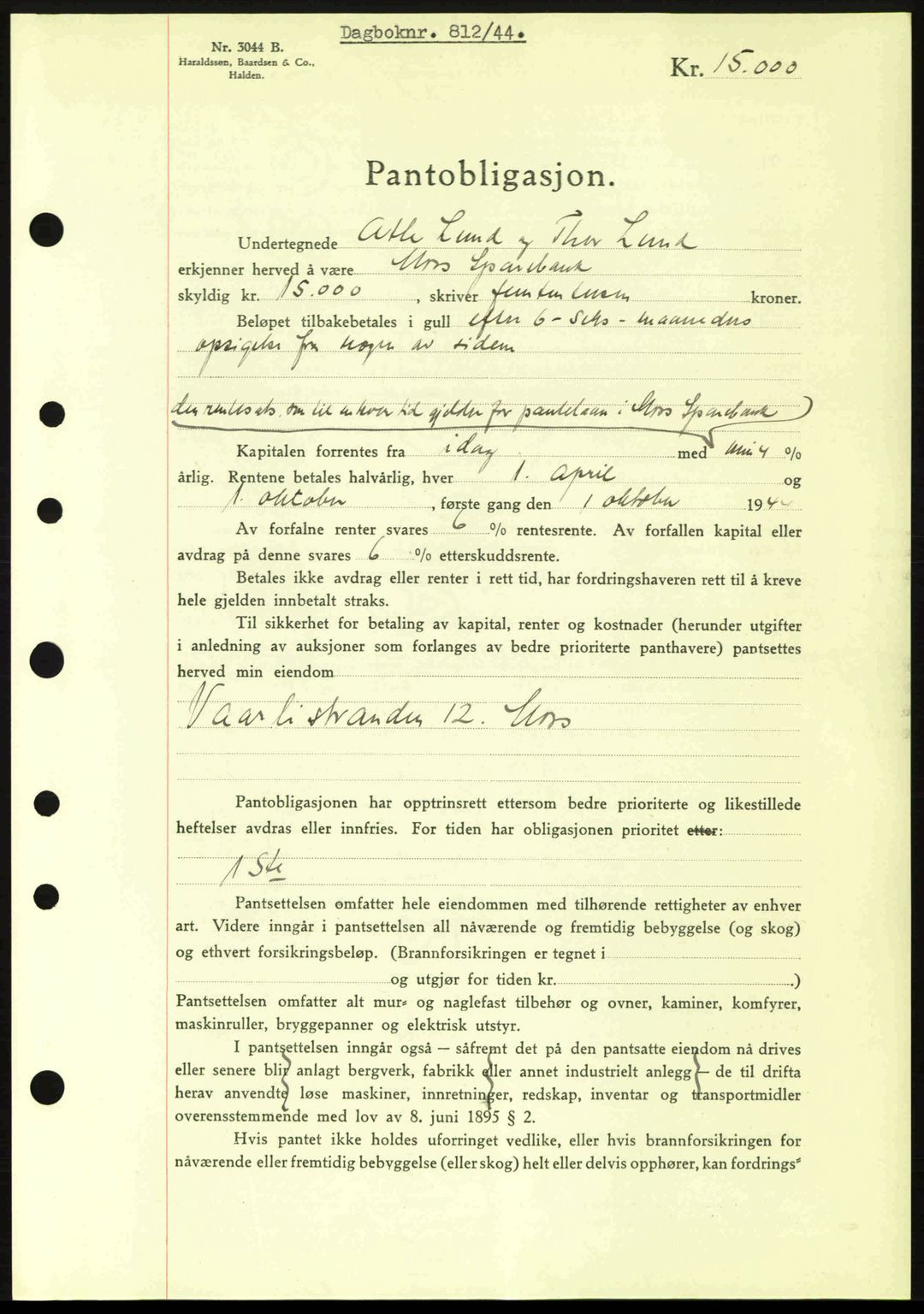 Moss sorenskriveri, SAO/A-10168: Pantebok nr. B13, 1943-1945, Dagboknr: 812/1944