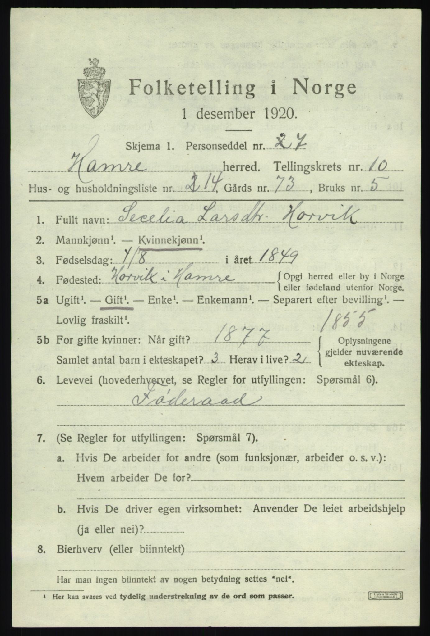 SAB, Folketelling 1920 for 1254 Hamre herred, 1920, s. 6067