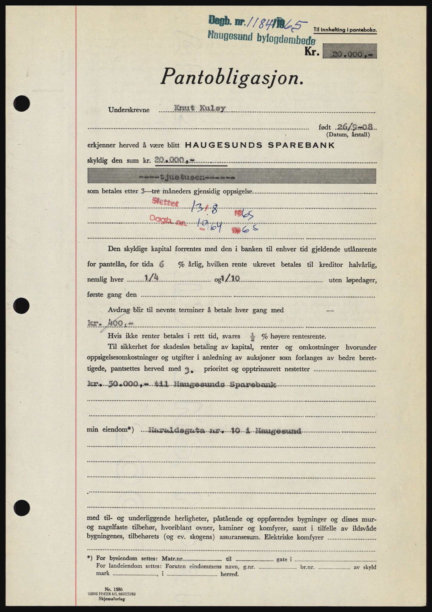 Haugesund tingrett, SAST/A-101415/01/II/IIC/L0053: Pantebok nr. B 53, 1965-1965, Dagboknr: 1184/1965