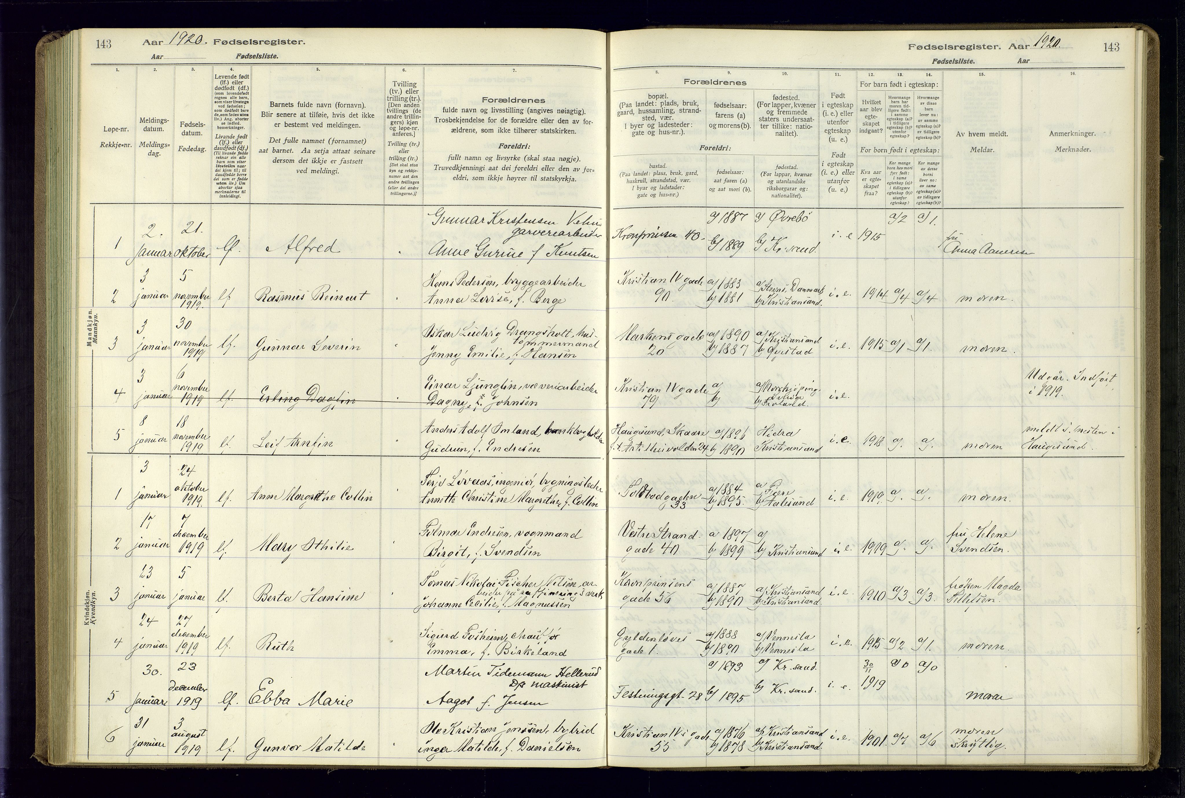 Kristiansand domprosti, AV/SAK-1112-0006/J/Jc/L0001: Fødselsregister nr. A-VI-45, 1916-1921, s. 143