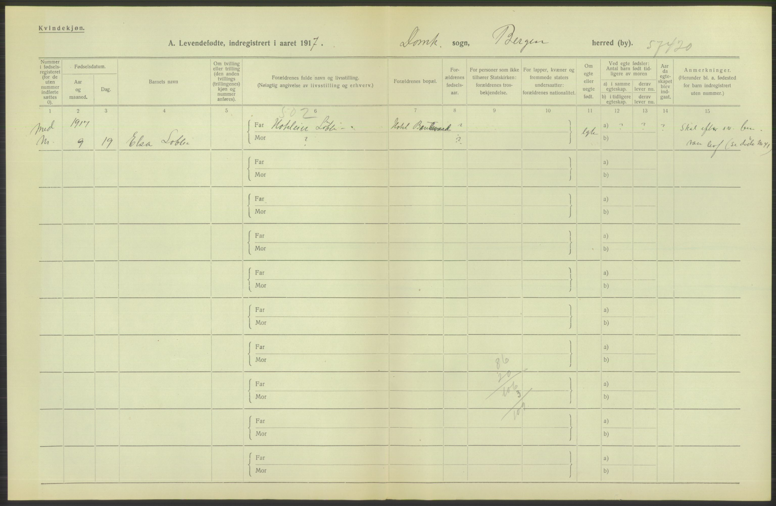 Statistisk sentralbyrå, Sosiodemografiske emner, Befolkning, RA/S-2228/D/Df/Dfb/Dfbg/L0037: Bergen: Levendefødte menn og kvinner., 1917, s. 34