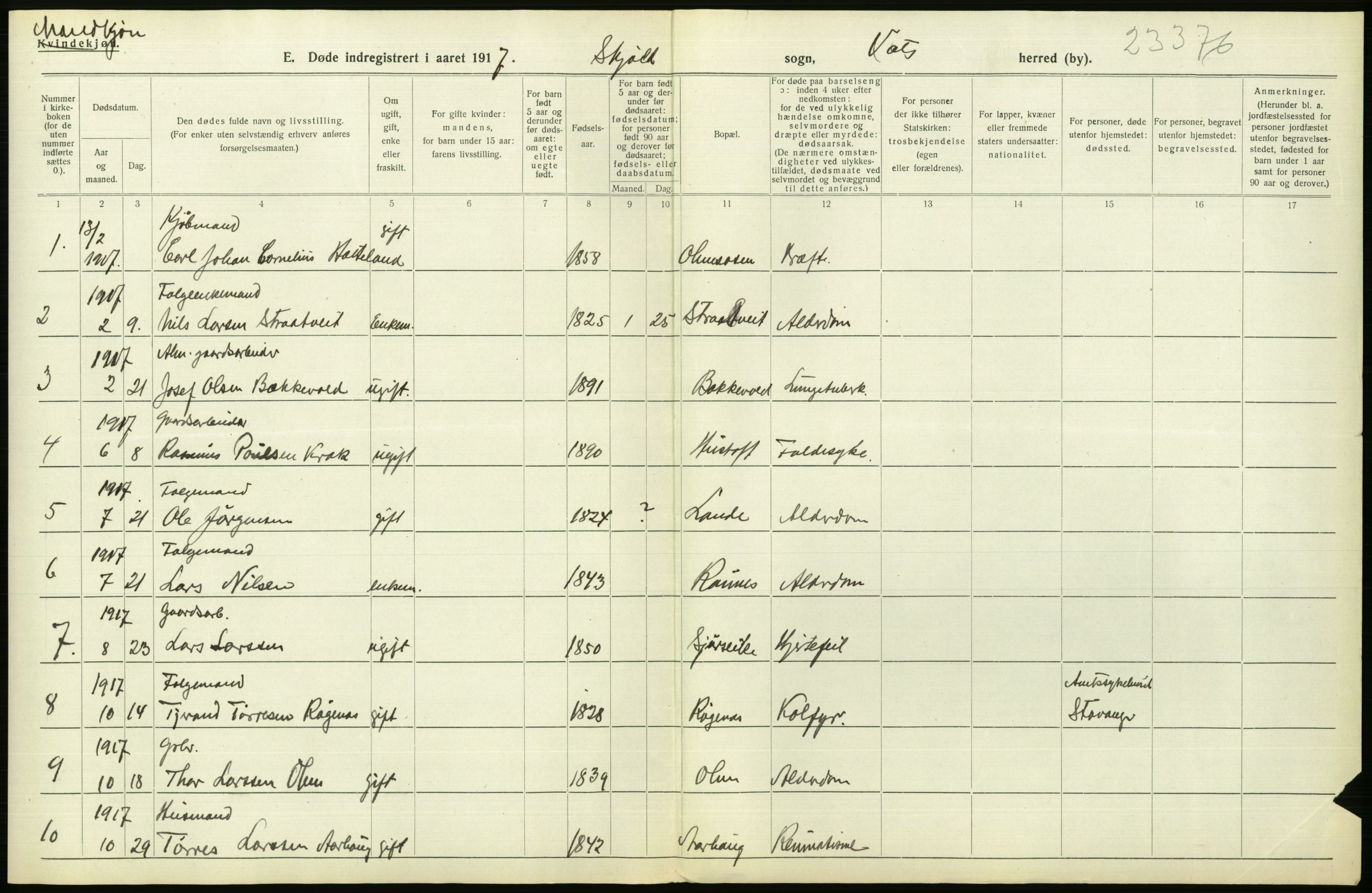 Statistisk sentralbyrå, Sosiodemografiske emner, Befolkning, RA/S-2228/D/Df/Dfb/Dfbg/L0033: Stavanger amt: Døde, dødfødte. Bygder og byer., 1917, s. 166