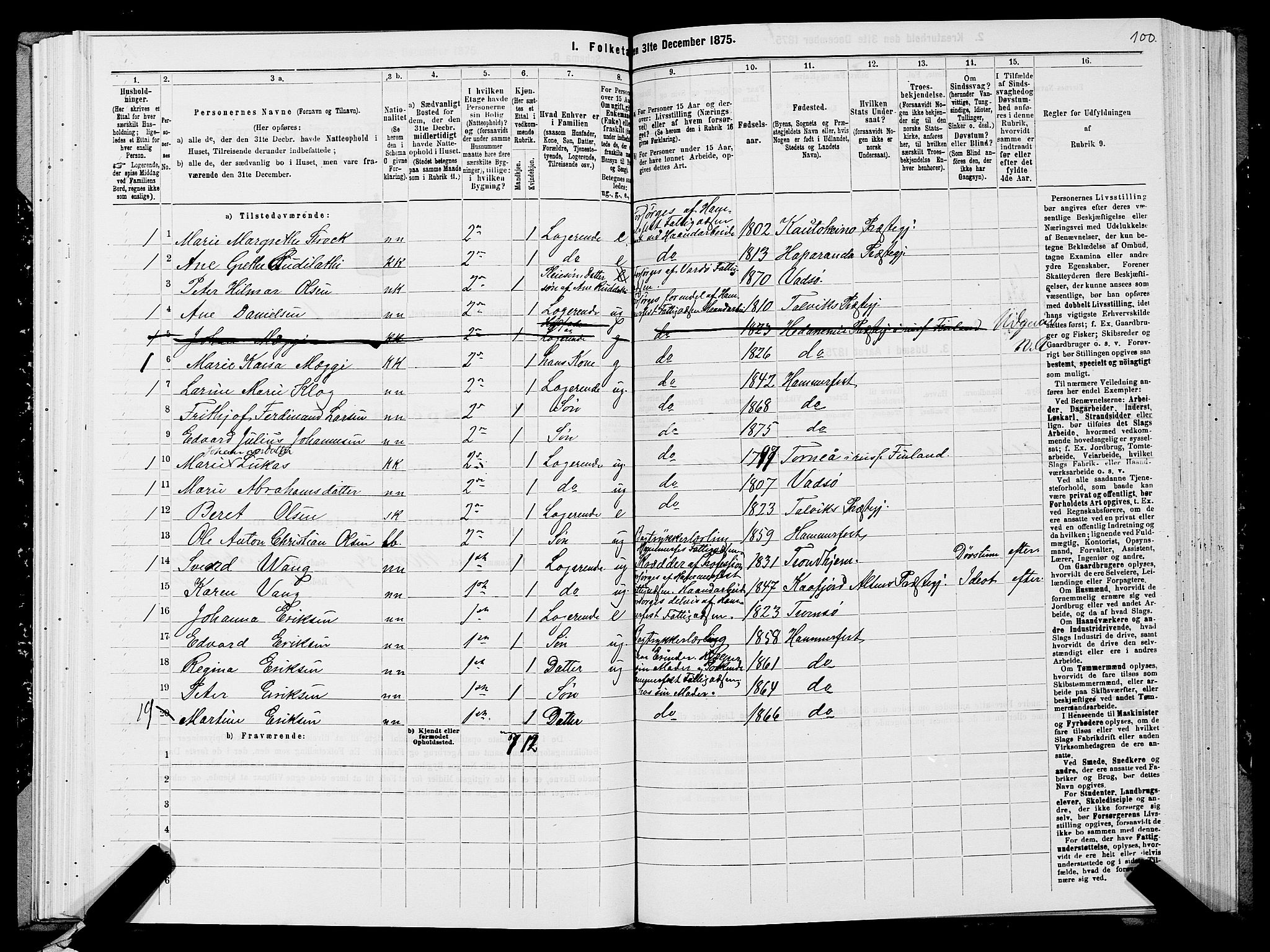 SATØ, Folketelling 1875 for 2001B Hammerfest prestegjeld, Hammerfest kjøpstad, 1875, s. 1100