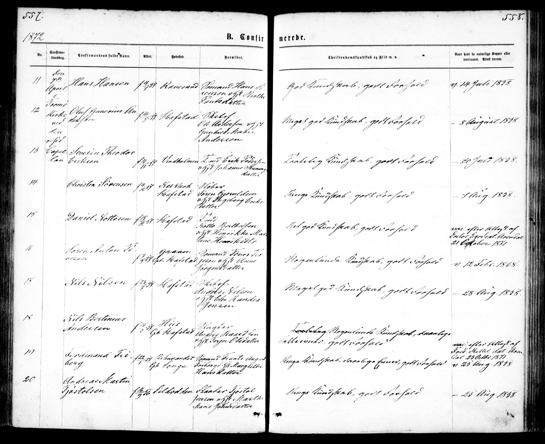 Tromøy sokneprestkontor, AV/SAK-1111-0041/F/Fa/L0008: Ministerialbok nr. A 8, 1870-1877, s. 557-558