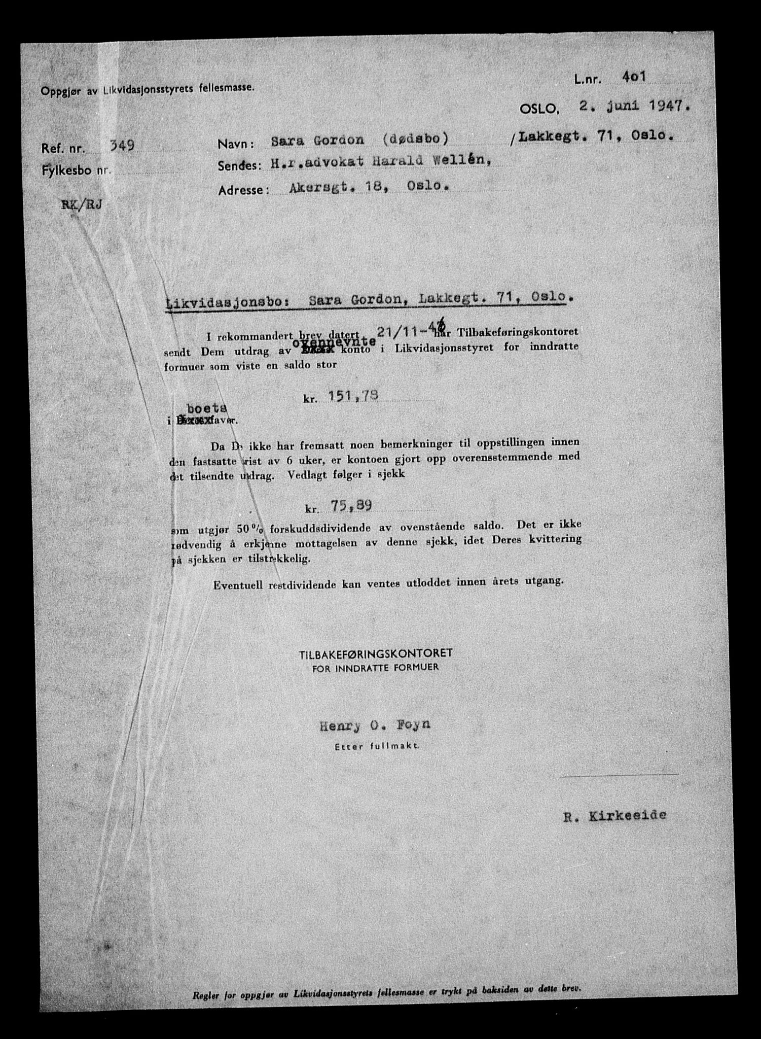 Justisdepartementet, Tilbakeføringskontoret for inndratte formuer, RA/S-1564/H/Hc/Hcc/L0940: --, 1945-1947, s. 169