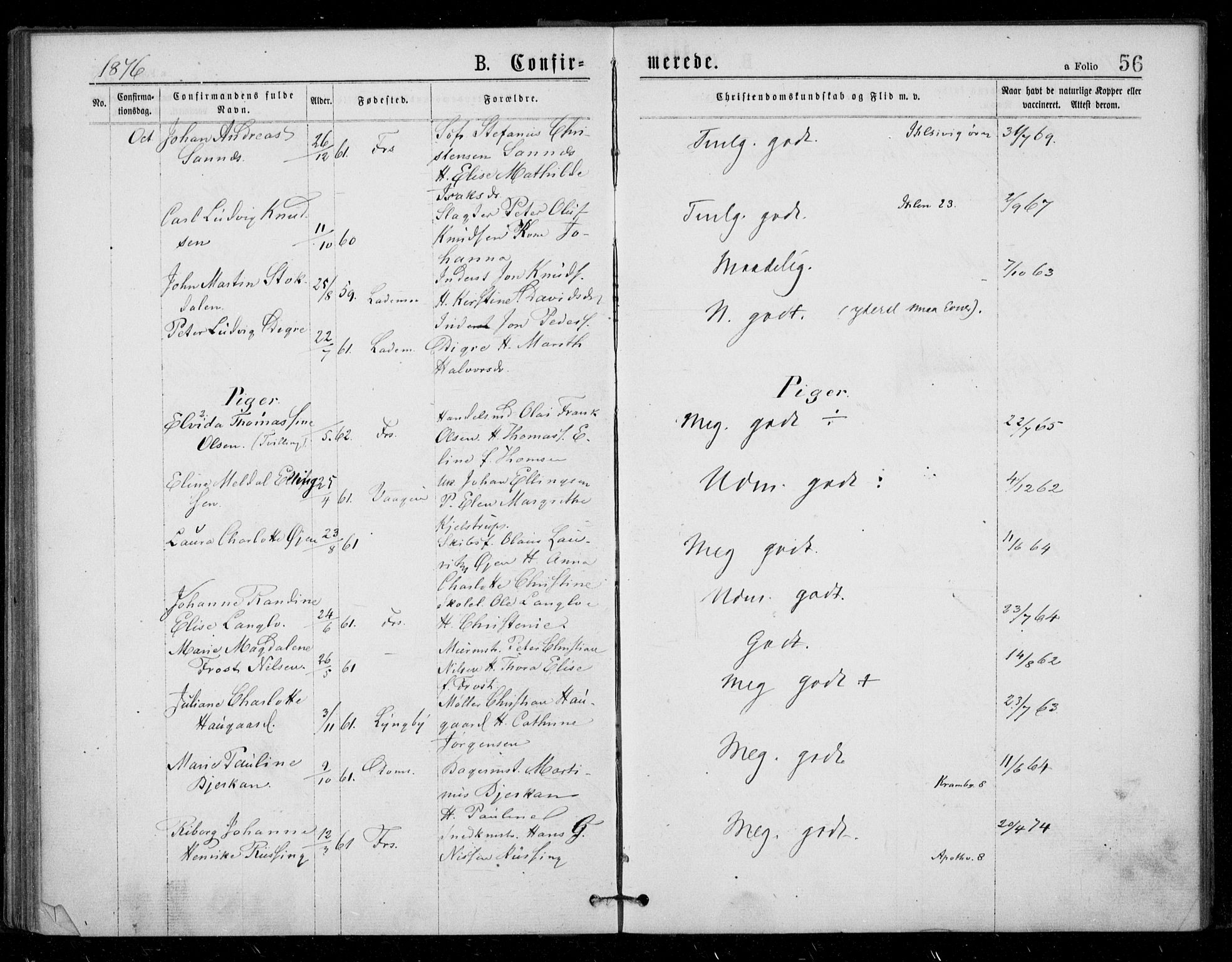 Ministerialprotokoller, klokkerbøker og fødselsregistre - Sør-Trøndelag, SAT/A-1456/602/L0121: Ministerialbok nr. 602A19, 1872-1879, s. 56