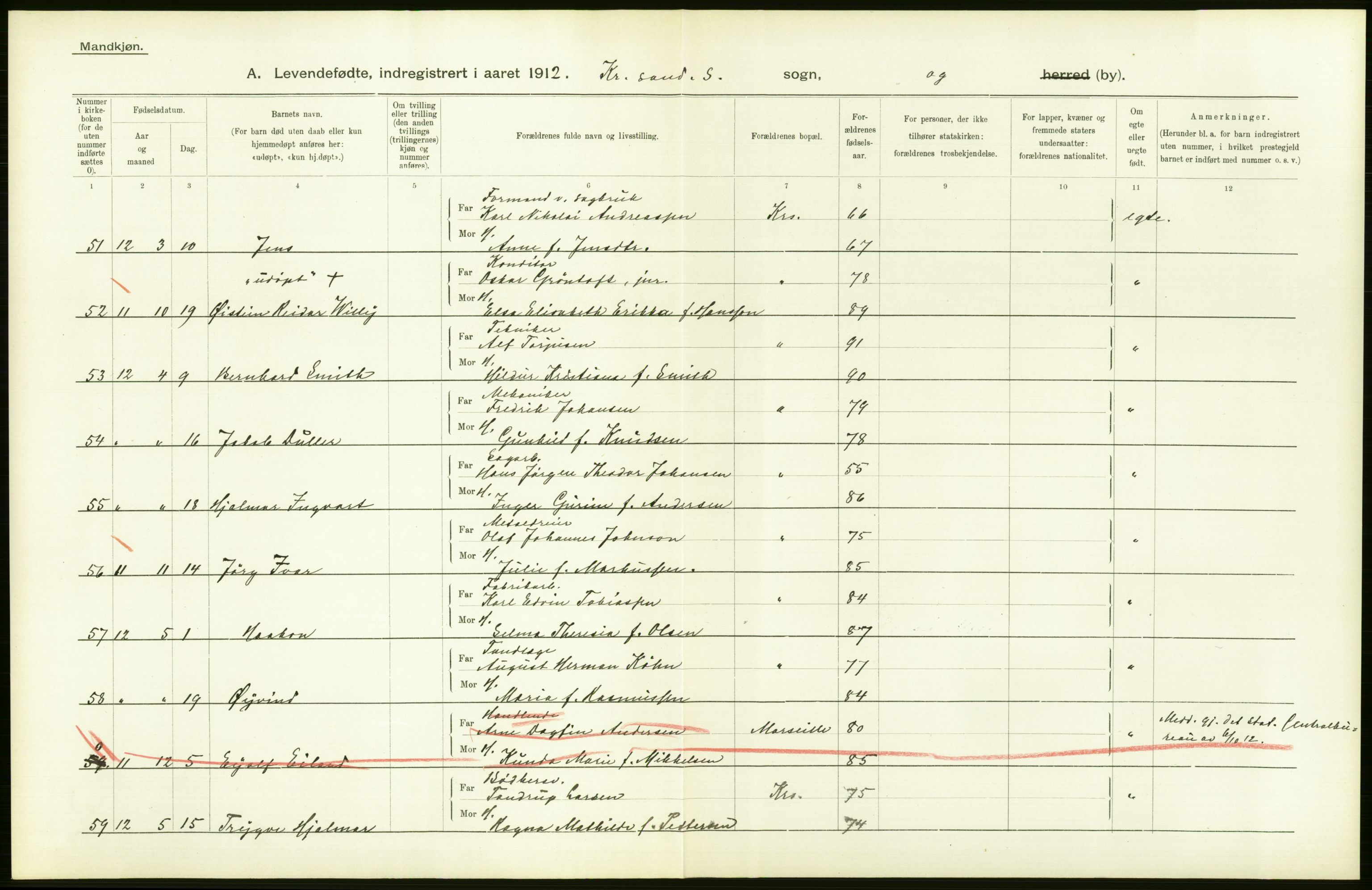 Statistisk sentralbyrå, Sosiodemografiske emner, Befolkning, AV/RA-S-2228/D/Df/Dfb/Dfbb/L0024: Lister og Mandals amt: Levendefødte menn og kvinner. Bygder og byer., 1912, s. 92