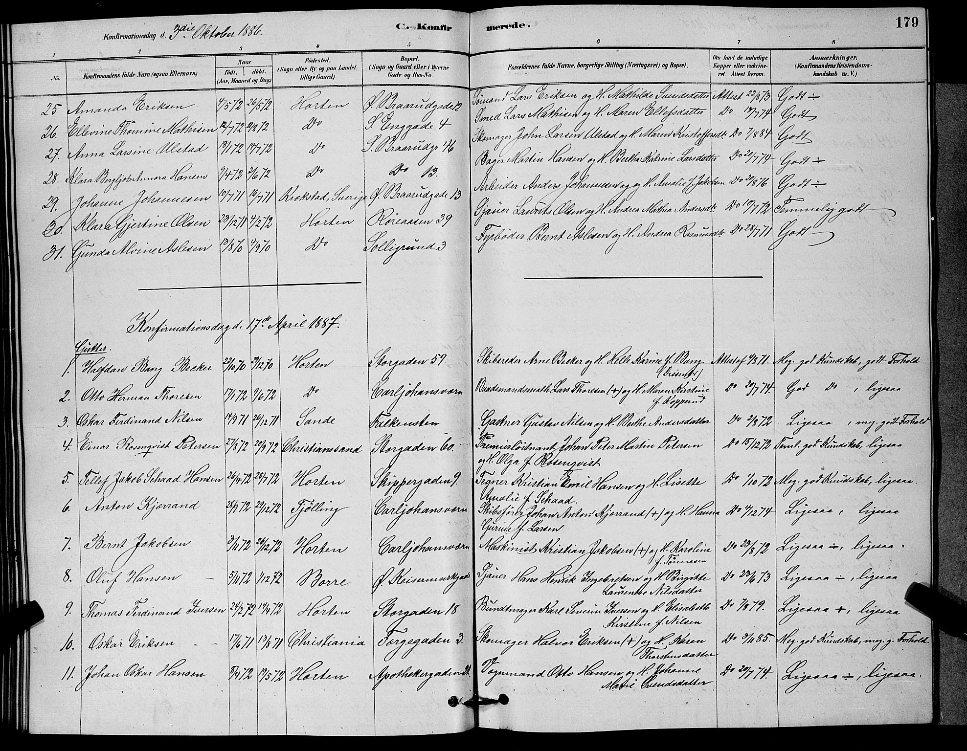 Horten kirkebøker, AV/SAKO-A-348/G/Ga/L0003: Klokkerbok nr. 4, 1878-1887, s. 179