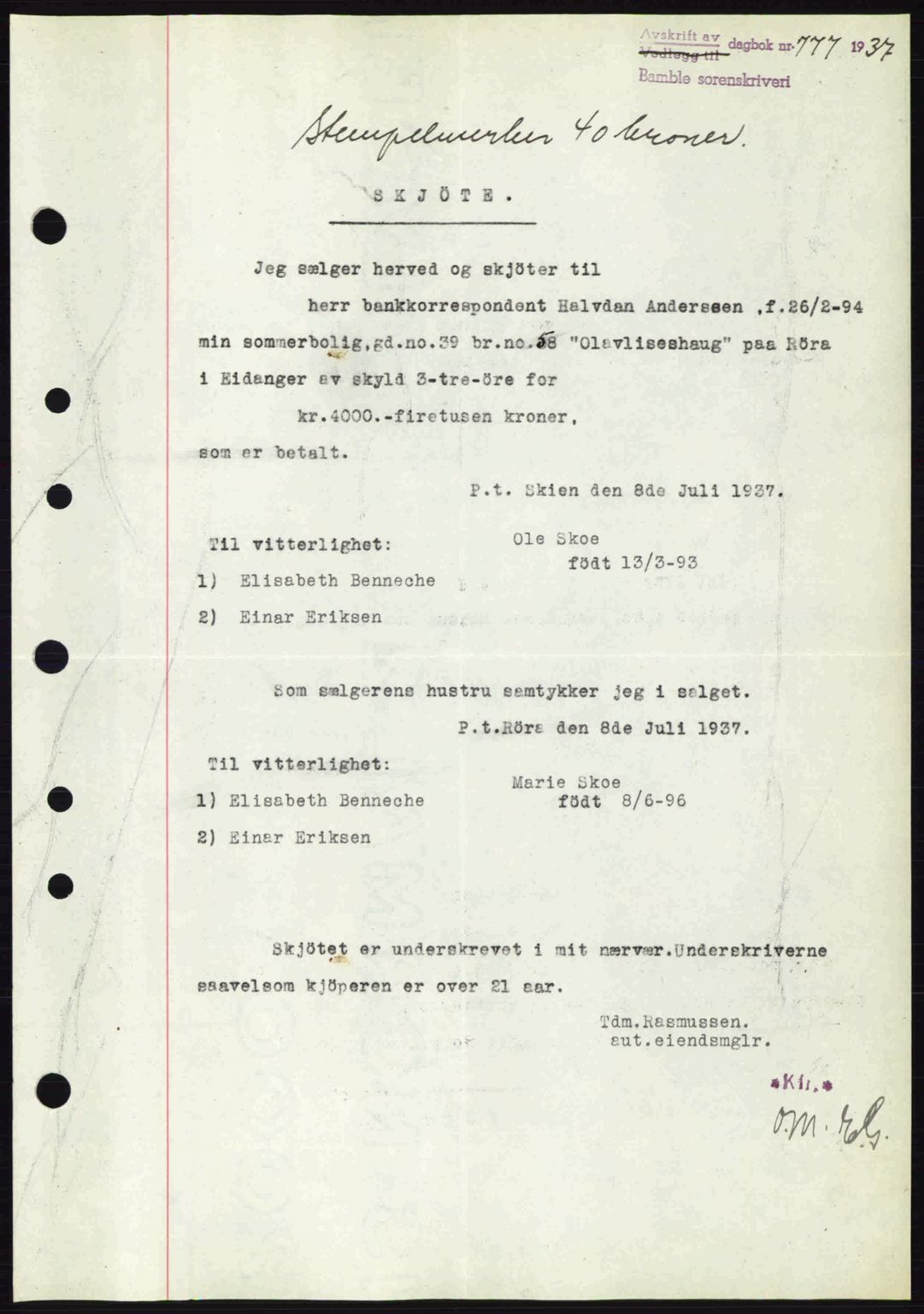 Bamble sorenskriveri, AV/SAKO-A-214/G/Ga/Gag/L0002: Pantebok nr. A-2, 1937-1938, Dagboknr: 777/1937