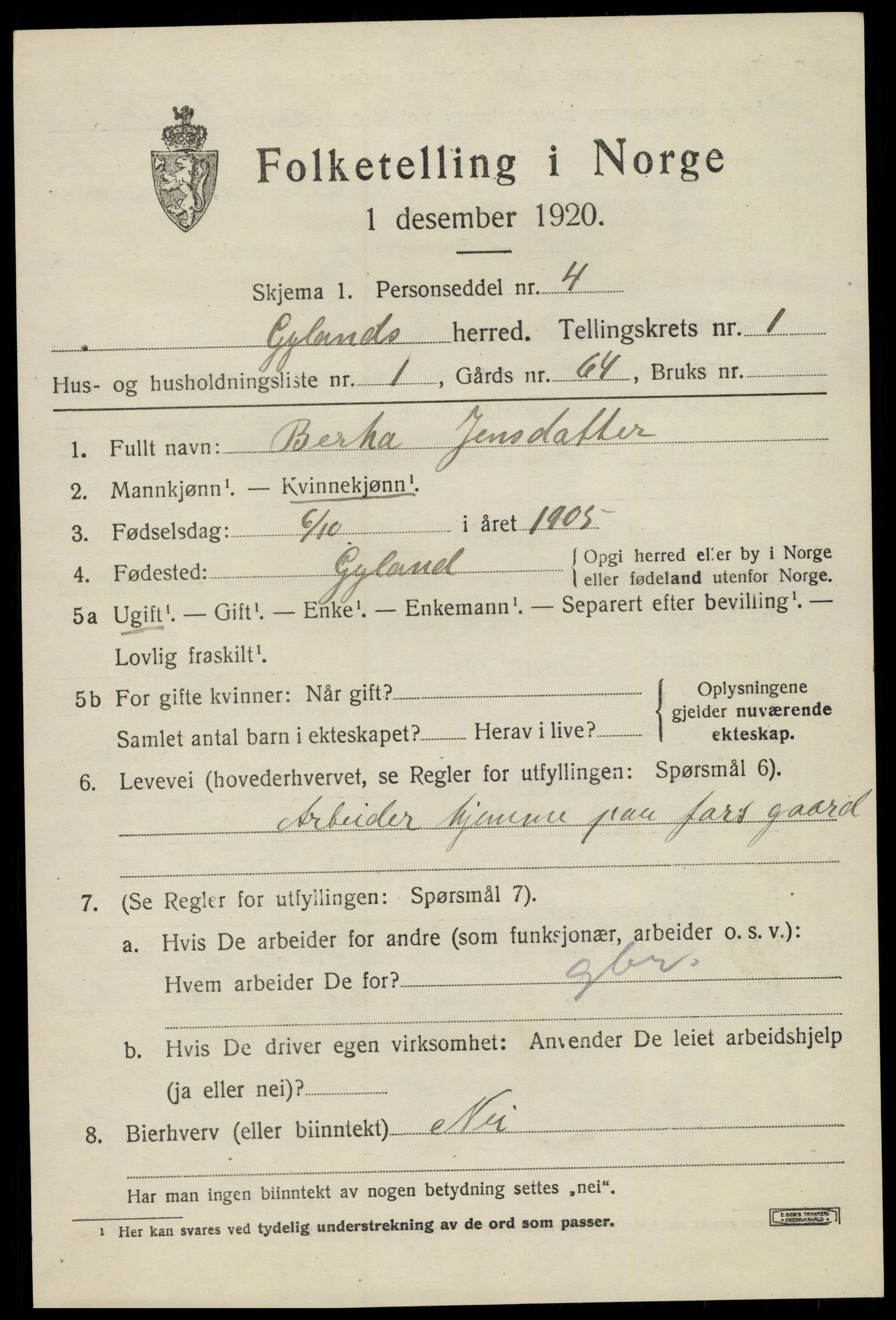 SAK, Folketelling 1920 for 1044 Gyland herred, 1920, s. 2306