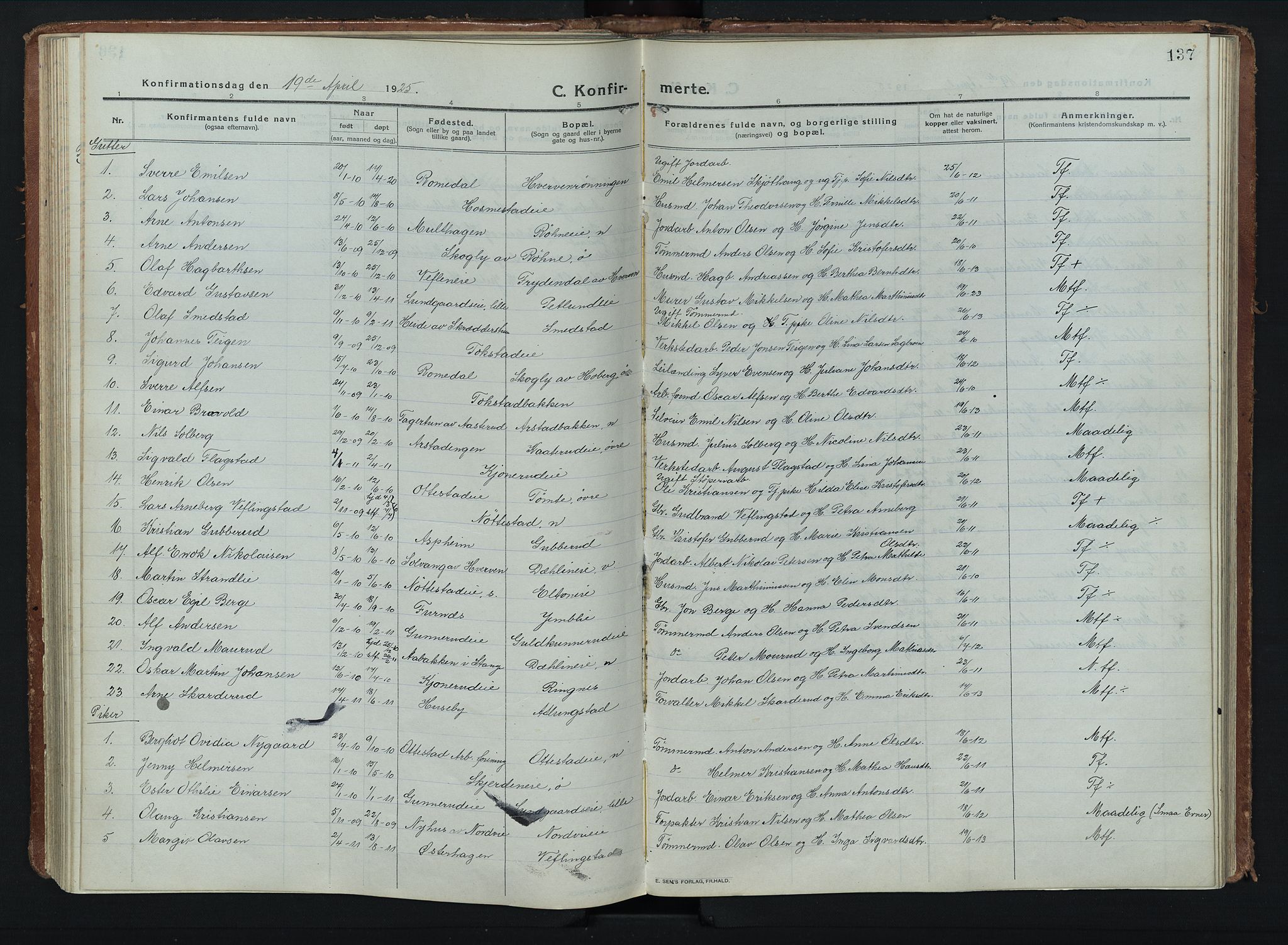 Stange prestekontor, AV/SAH-PREST-002/K/L0028: Ministerialbok nr. 28, 1913-1932, s. 137