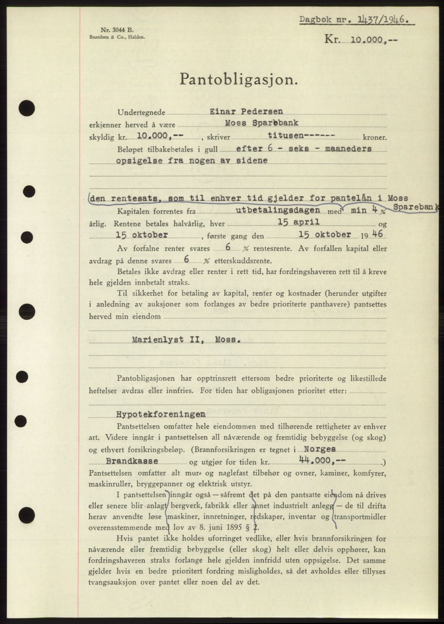 Moss sorenskriveri, SAO/A-10168: Pantebok nr. B15, 1946-1946, Dagboknr: 1437/1946