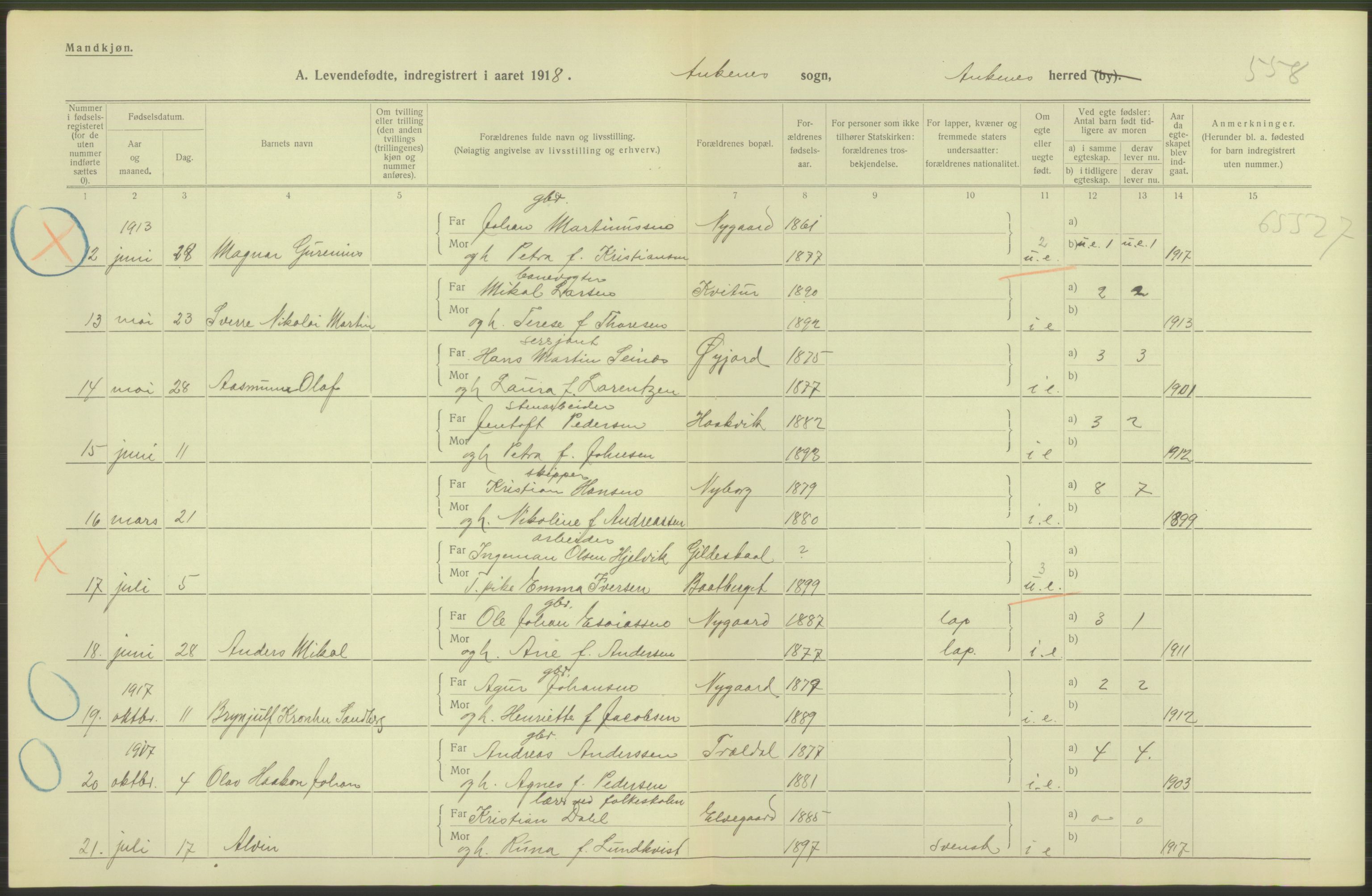 Statistisk sentralbyrå, Sosiodemografiske emner, Befolkning, AV/RA-S-2228/D/Df/Dfb/Dfbh/L0052: Nordland fylke: Levendefødte menn og kvinner. Bygder., 1918, s. 424