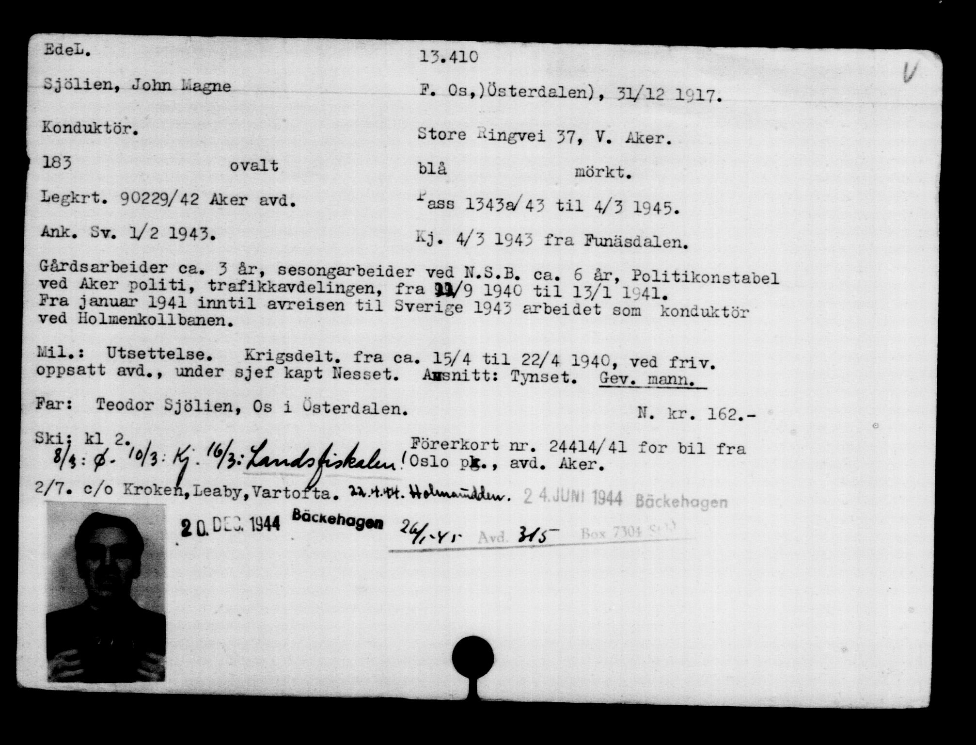 Utenriksstasjonene, Legasjonen i Stockholm, Flyktningkontoret, AV/RA-S-6753/V/Va/L0007: Kjesäterkartoteket, flyktninger med registreringsnr. 12700-15723, 1940-1945, s. 812