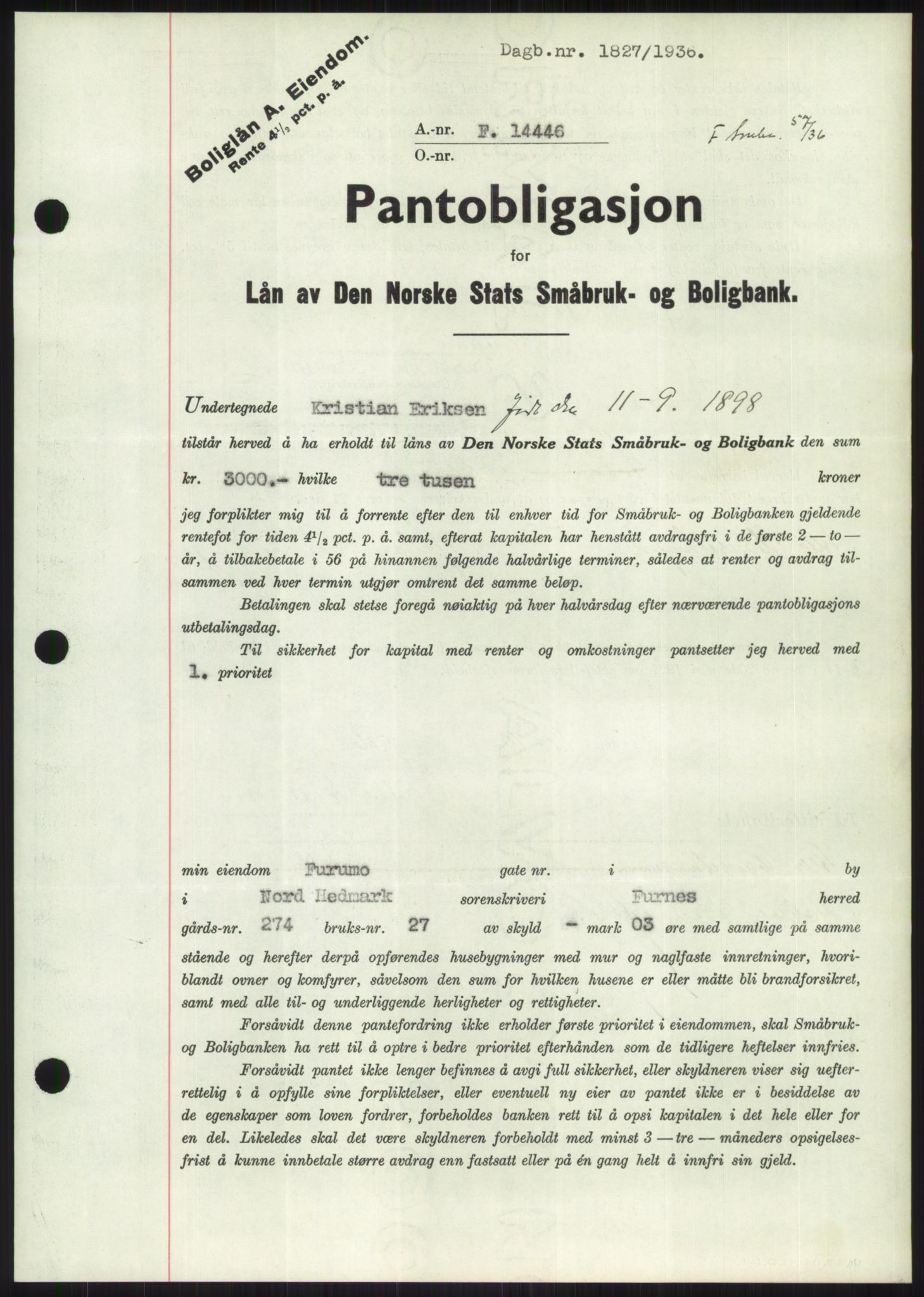 Nord-Hedmark sorenskriveri, SAH/TING-012/H/Hb/Hbf/L0001: Pantebok nr. B1, 1936-1936, Dagboknr: 1827/1936
