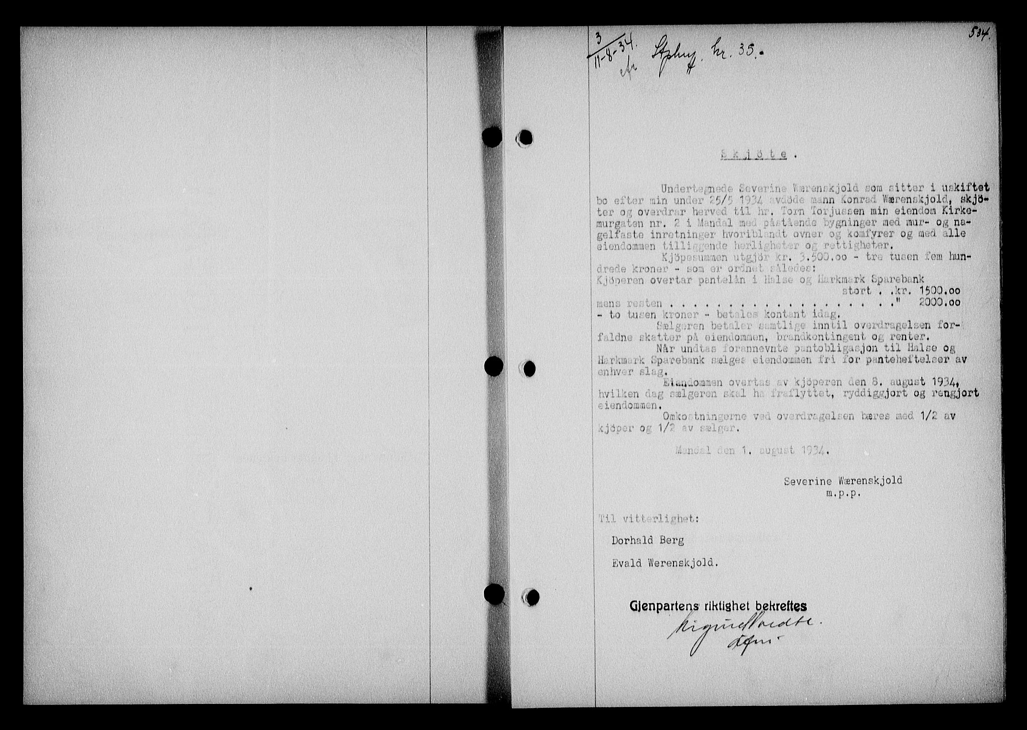 Mandal sorenskriveri, SAK/1221-0005/001/G/Gb/Gba/L0068: Pantebok nr. A-5, 1934-1935, Tingl.dato: 11.08.1934