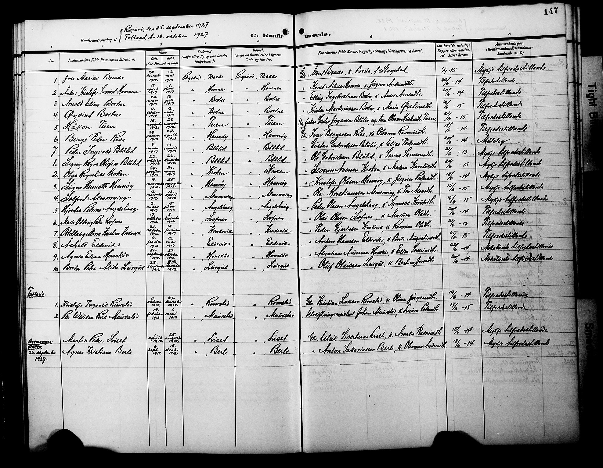 Davik sokneprestembete, AV/SAB-A-79701/H/Hab/Habc/L0003: Klokkerbok nr. C 3, 1907-1929, s. 147