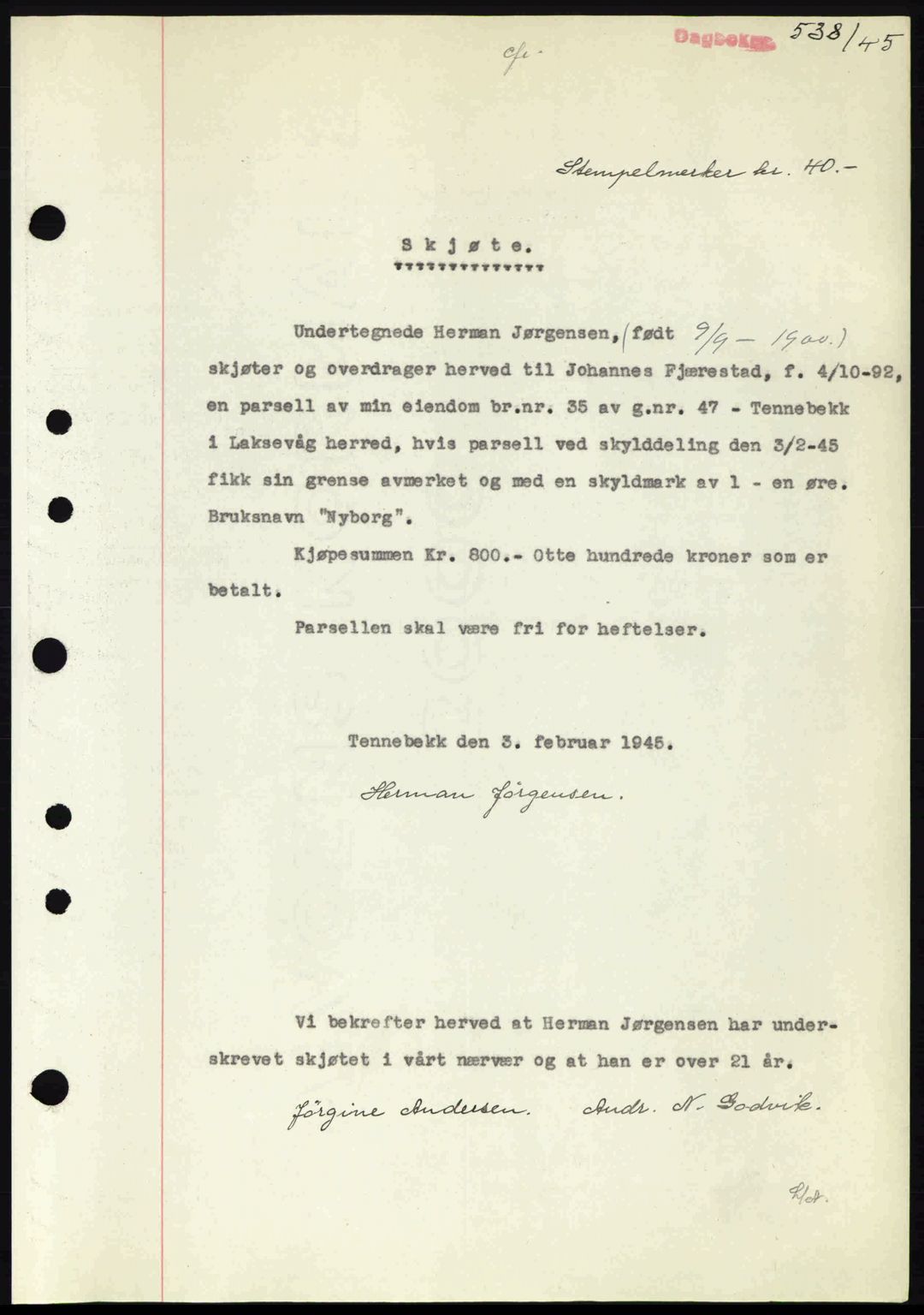 Midhordland sorenskriveri, SAB/A-3001/1/G/Gb/Gbk/L0008: Pantebok nr. A36-41, 1944-1945, Dagboknr: 538/1945
