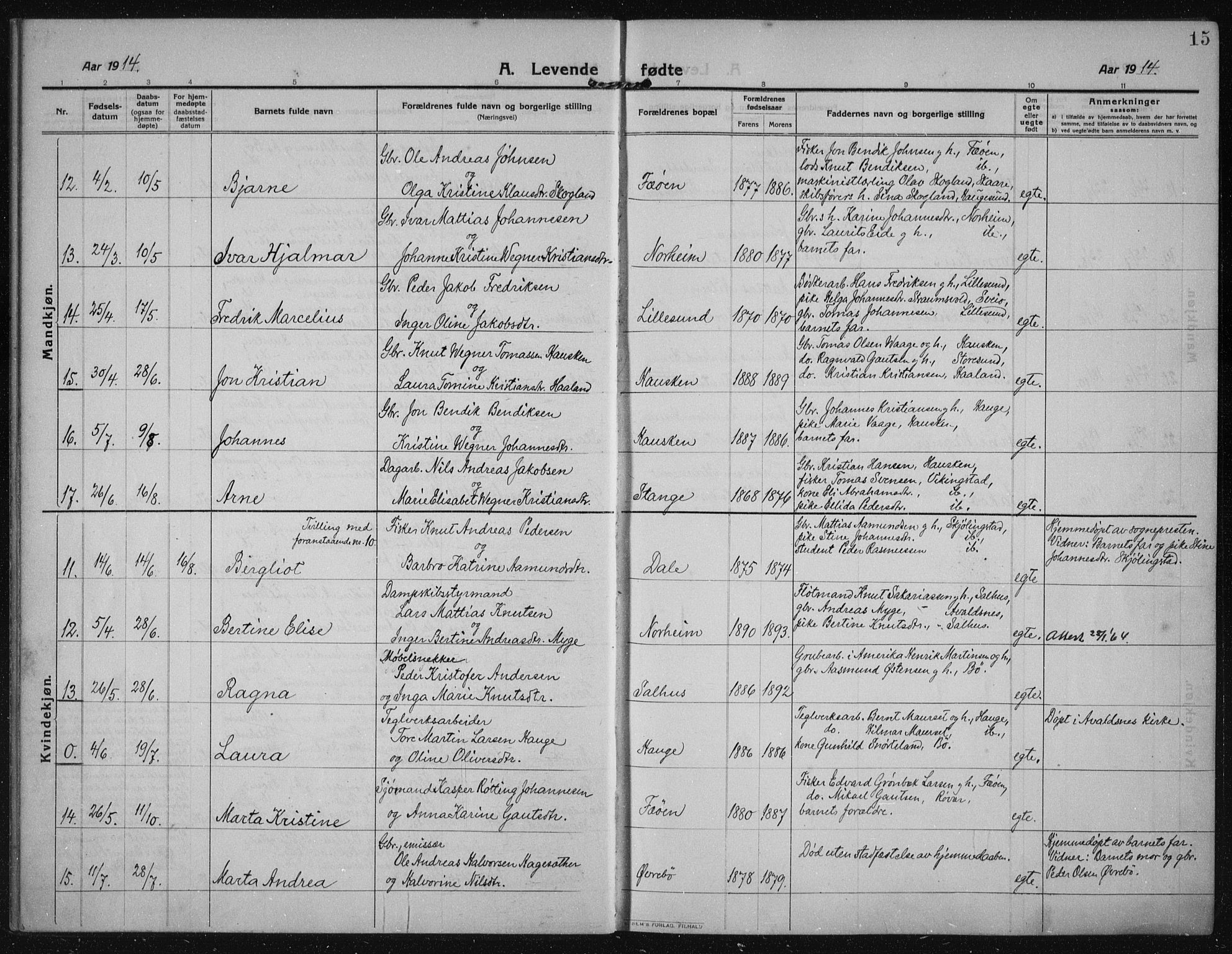 Torvastad sokneprestkontor, AV/SAST-A -101857/H/Ha/Haa/L0019: Ministerialbok nr. A 18, 1912-1920, s. 15
