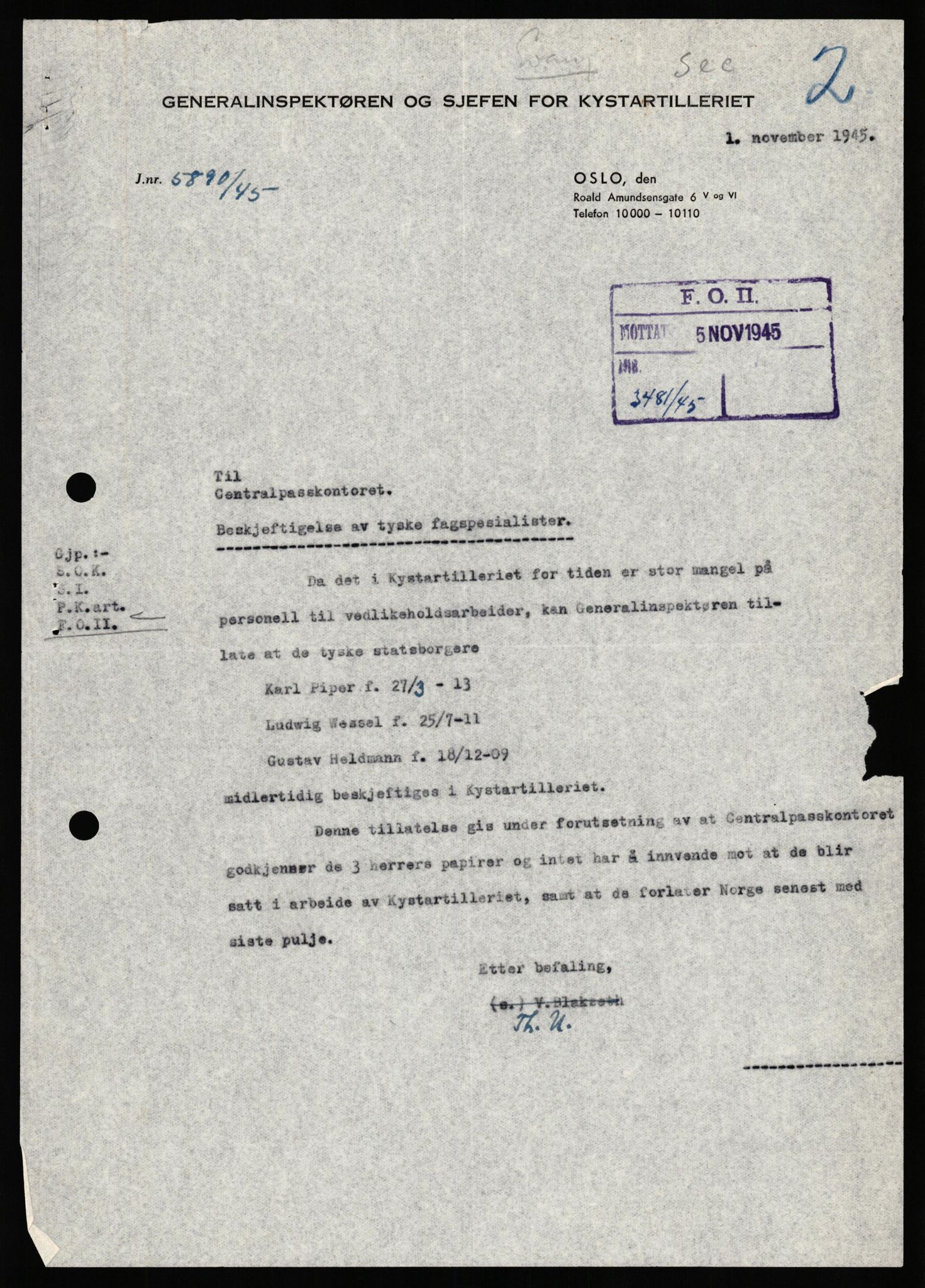 Forsvaret, Forsvarets overkommando II, RA/RAFA-3915/D/Db/L0035: CI Questionaires. Tyske okkupasjonsstyrker i Norge. Tyskere., 1945-1946, s. 443