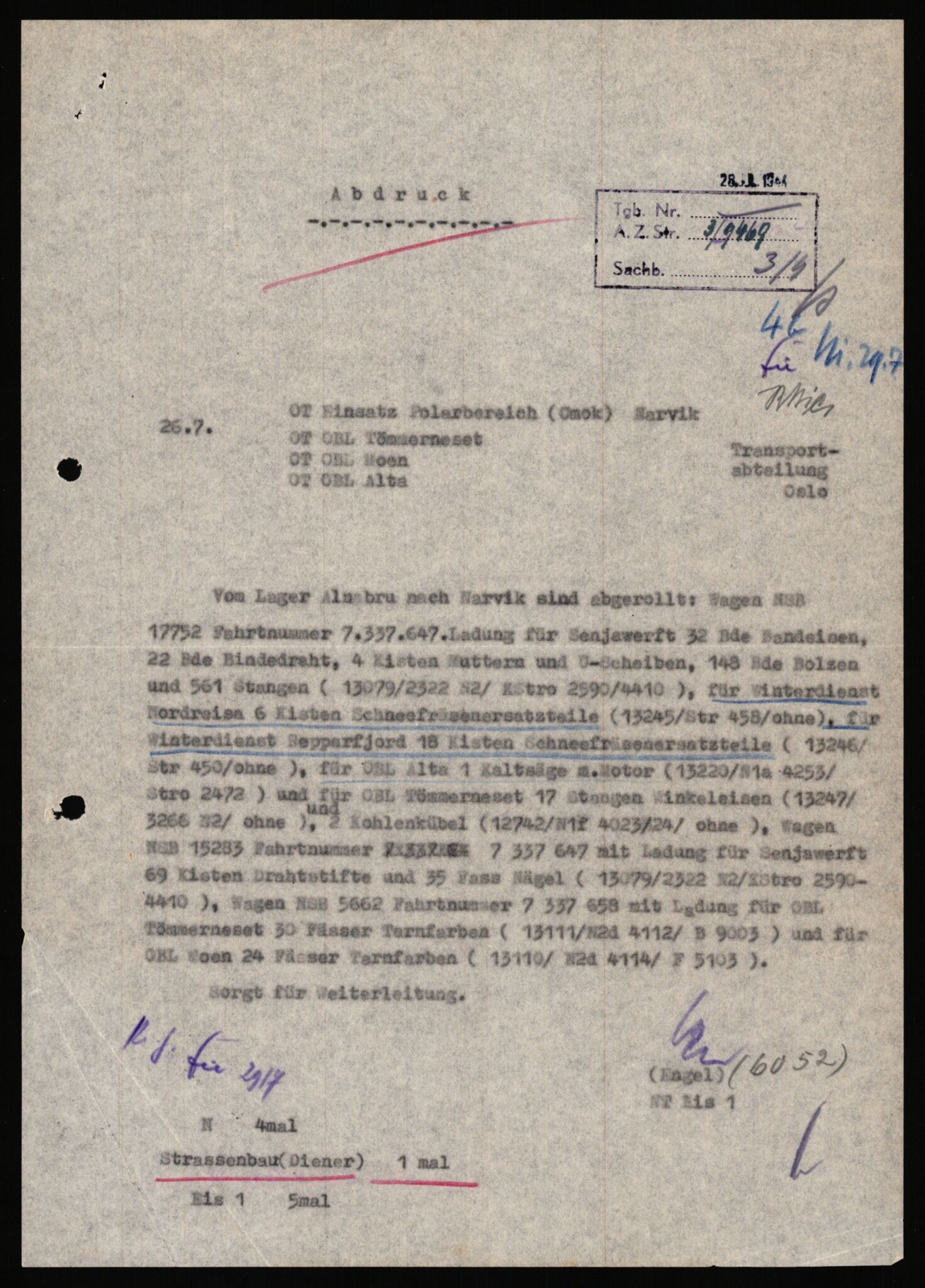 Tyske arkiver, Organisation Todt (OT), Einsatzgruppe Wiking, AV/RA-RAFA-2188/1/E/E6/E6c/L0007: Nachschub: Arkivkode 9451-9490, 1940-1945, s. 91