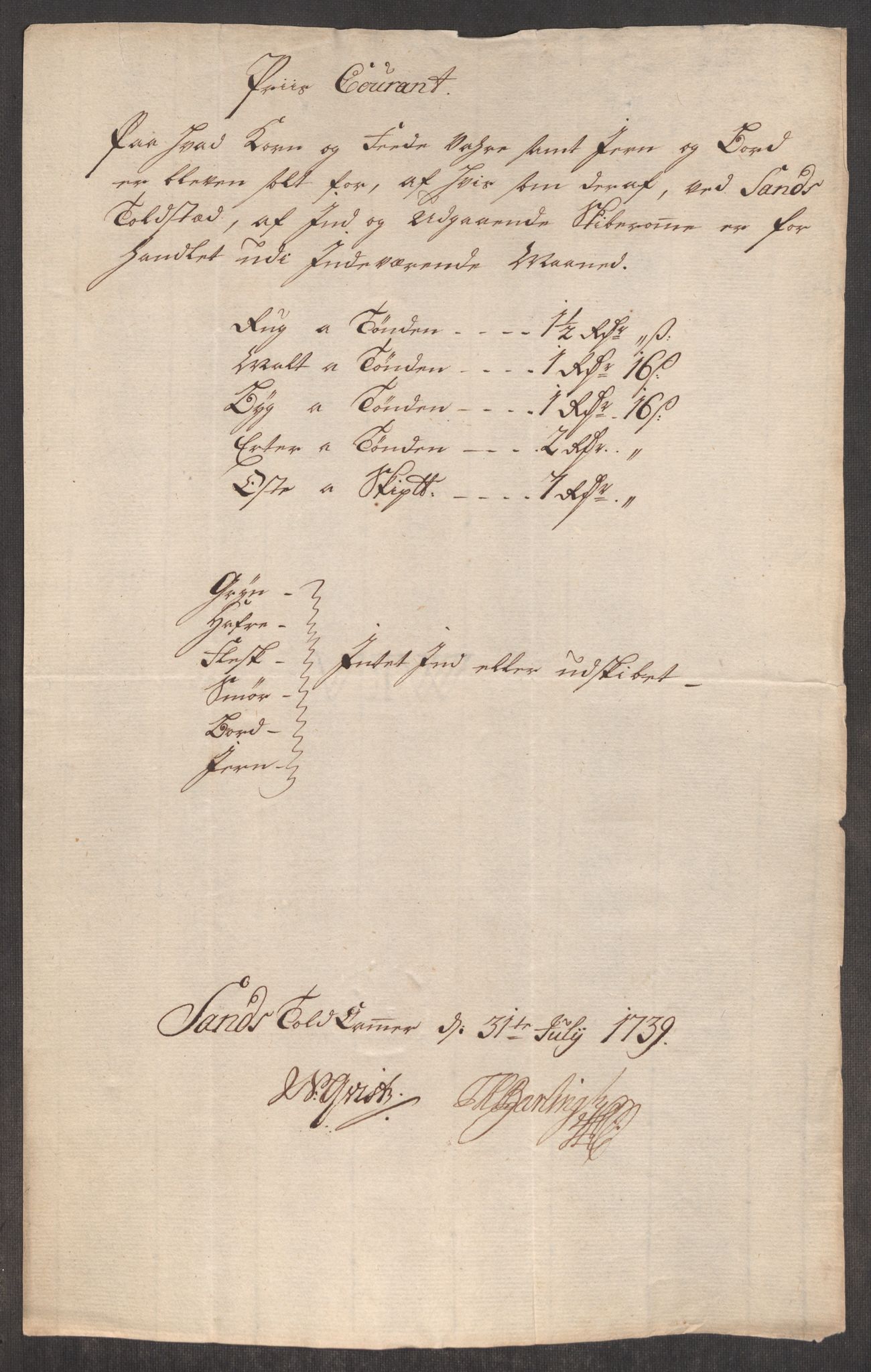 Rentekammeret inntil 1814, Realistisk ordnet avdeling, RA/EA-4070/Oe/L0001: [Ø1]: Priskuranter, 1712-1739, s. 935