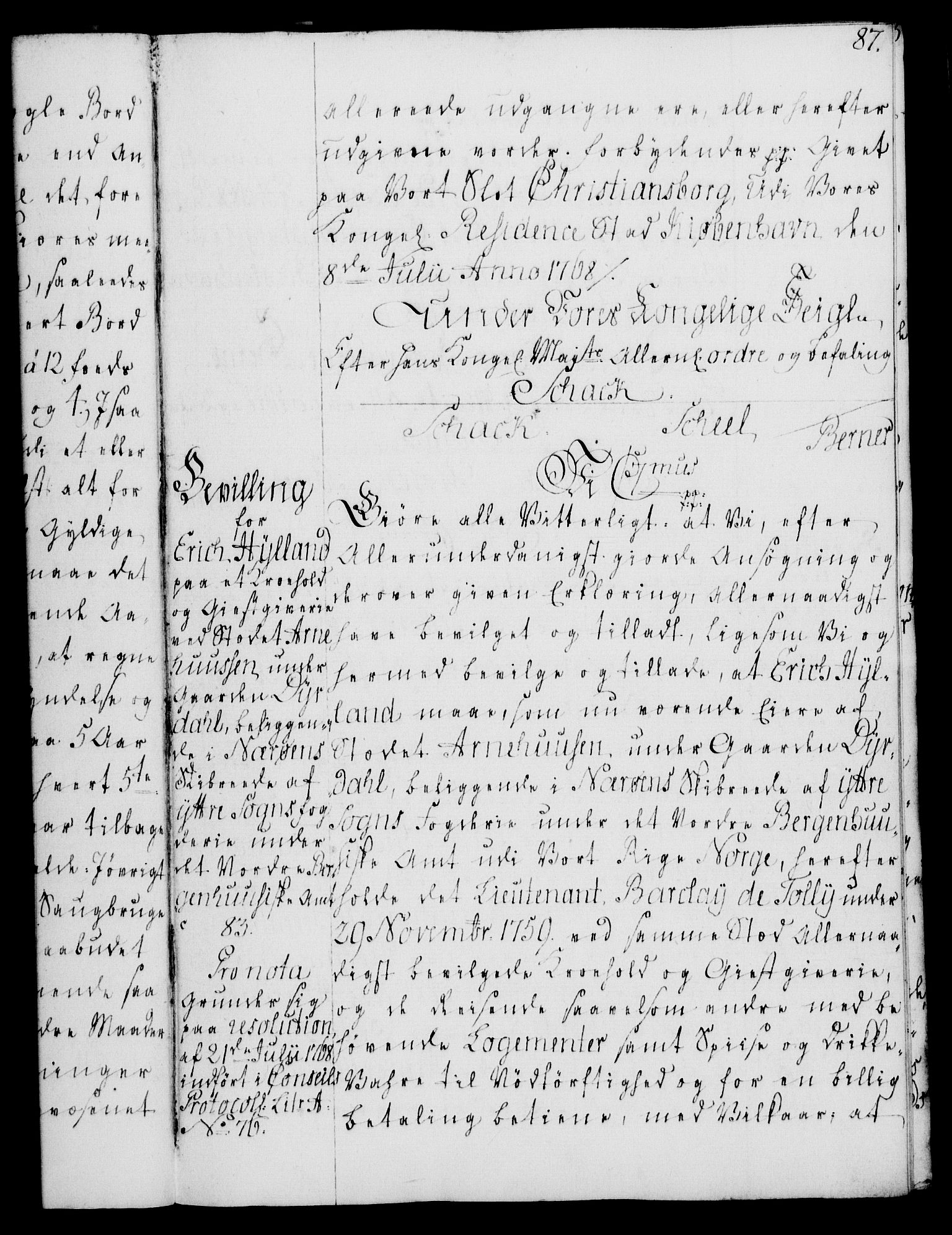 Rentekammeret, Kammerkanselliet, AV/RA-EA-3111/G/Gg/Gga/L0008: Norsk ekspedisjonsprotokoll med register (merket RK 53.8), 1768-1771, s. 87