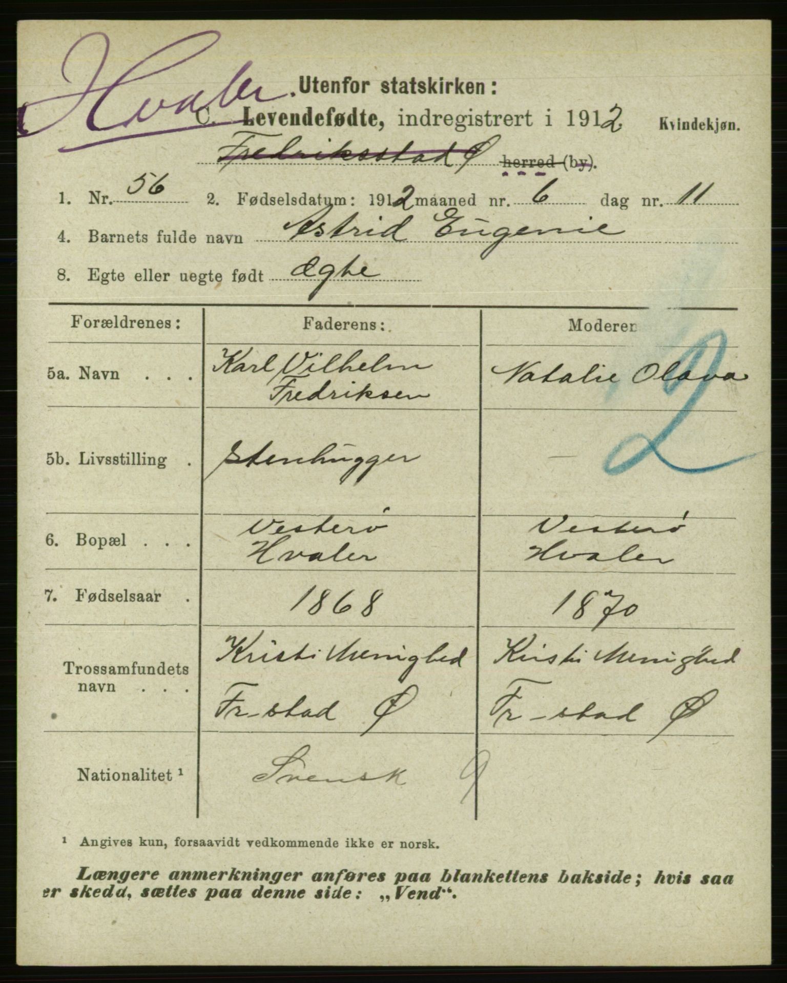 Statistisk sentralbyrå, Sosiodemografiske emner, Befolkning, AV/RA-S-2228/E/L0010: Fødte, gifte, døde dissentere., 1912, s. 7