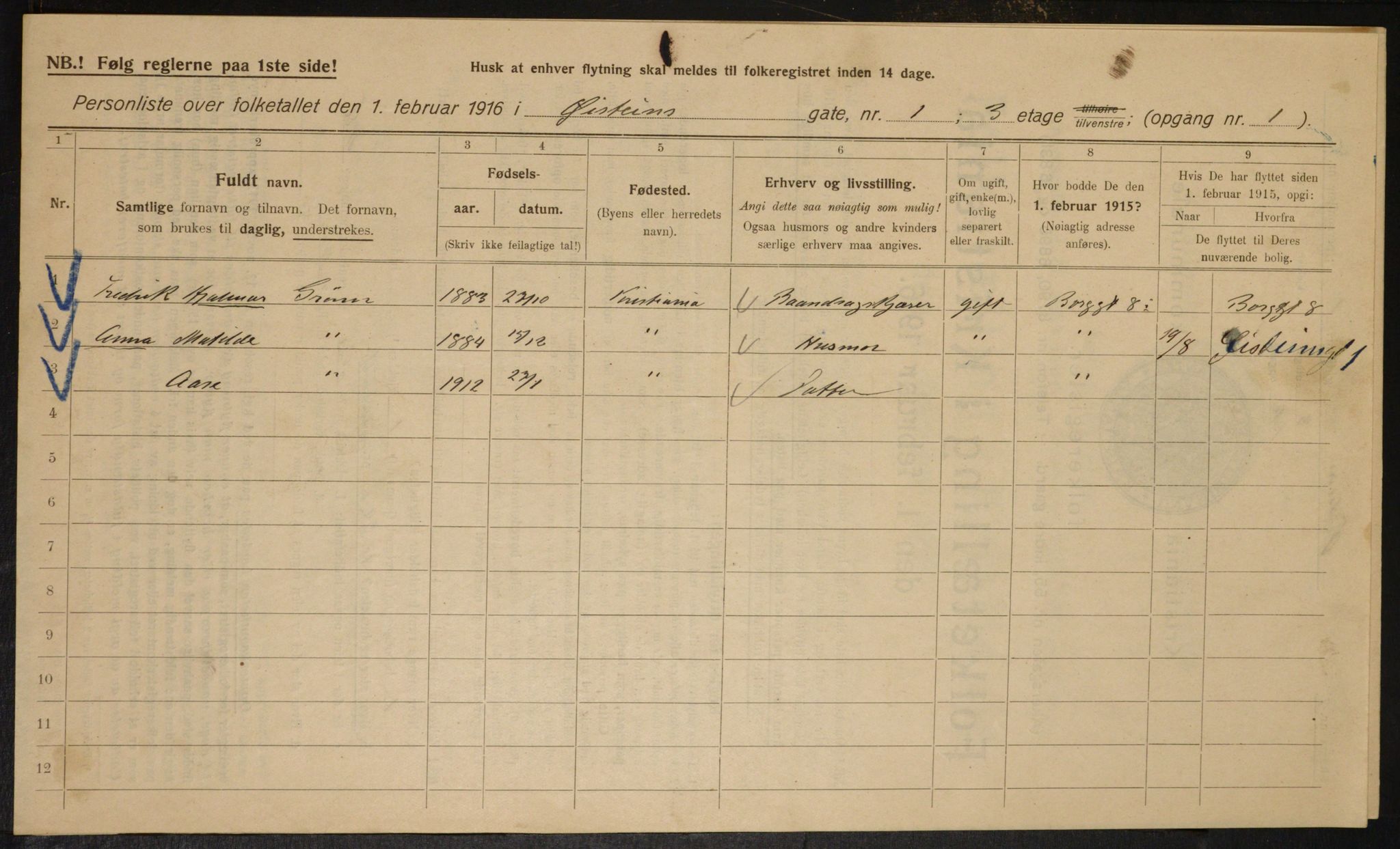 OBA, Kommunal folketelling 1.2.1916 for Kristiania, 1916, s. 133983