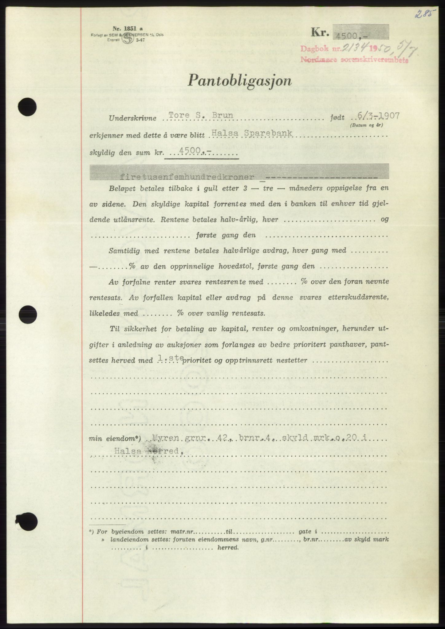 Nordmøre sorenskriveri, AV/SAT-A-4132/1/2/2Ca: Pantebok nr. B105, 1950-1950, Dagboknr: 2134/1950