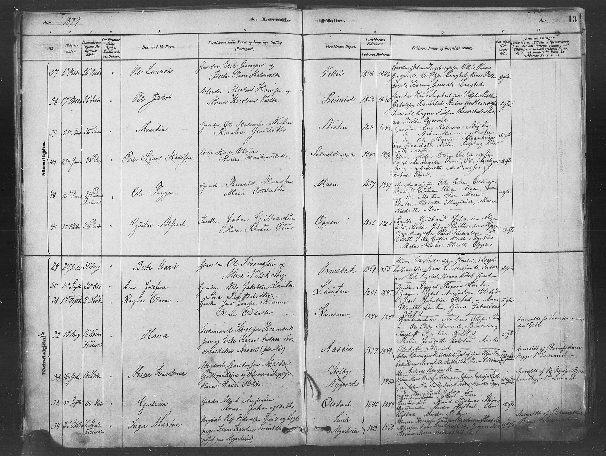Ullensaker prestekontor Kirkebøker, AV/SAO-A-10236a/F/Fa/L0019: Ministerialbok nr. I 19, 1878-1891, s. 13