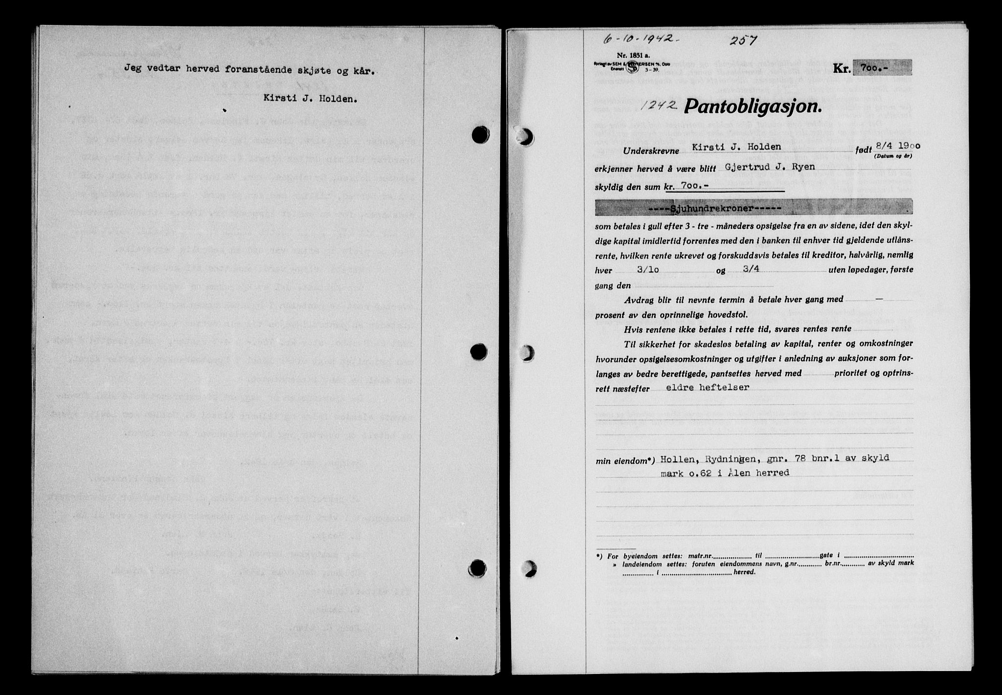 Gauldal sorenskriveri, SAT/A-0014/1/2/2C/L0055: Pantebok nr. 60, 1942-1942, Dagboknr: 1242/1942