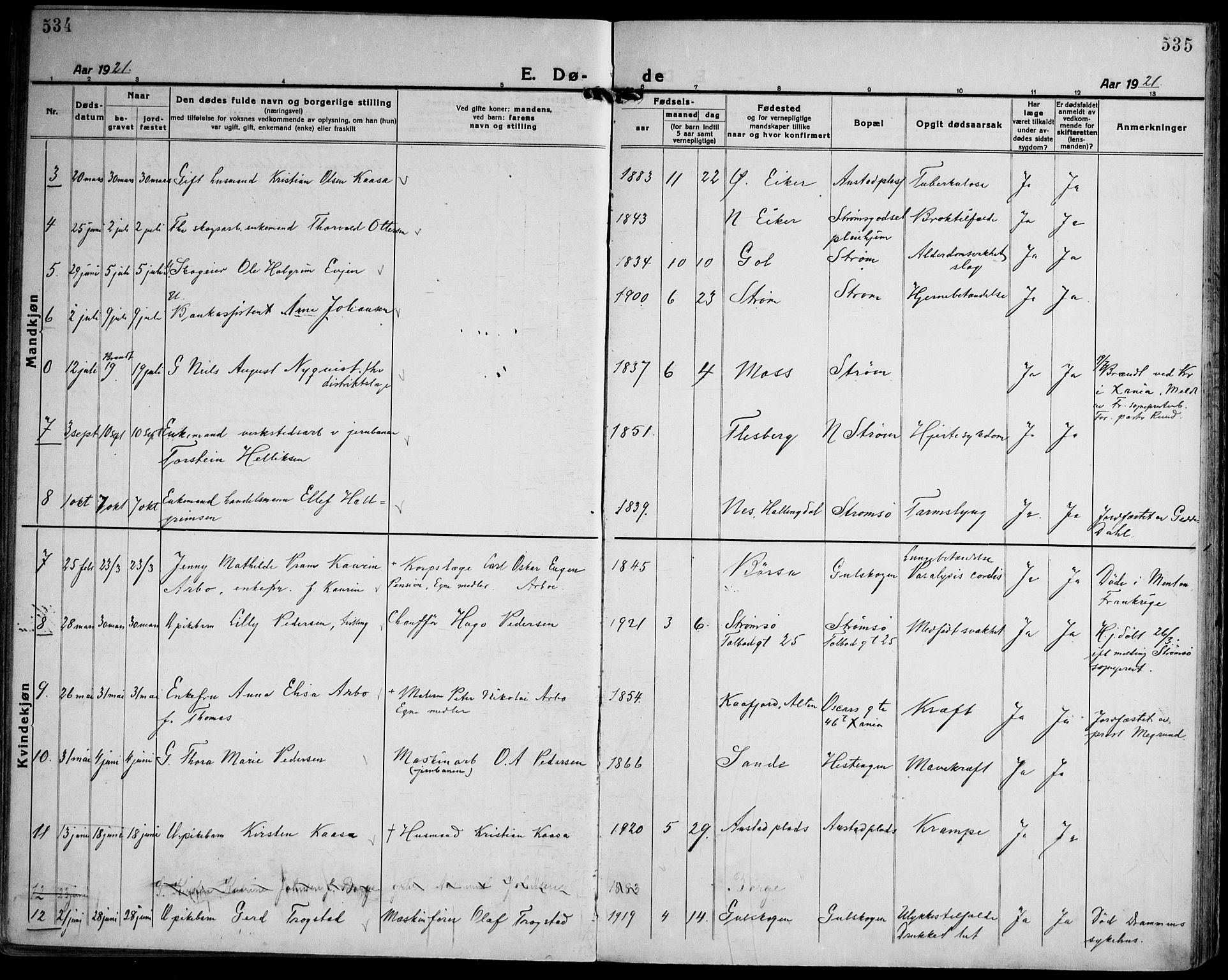 Strømsgodset kirkebøker, AV/SAKO-A-324/F/Fa/L0003: Ministerialbok nr. 3, 1920-1936, s. 534-535