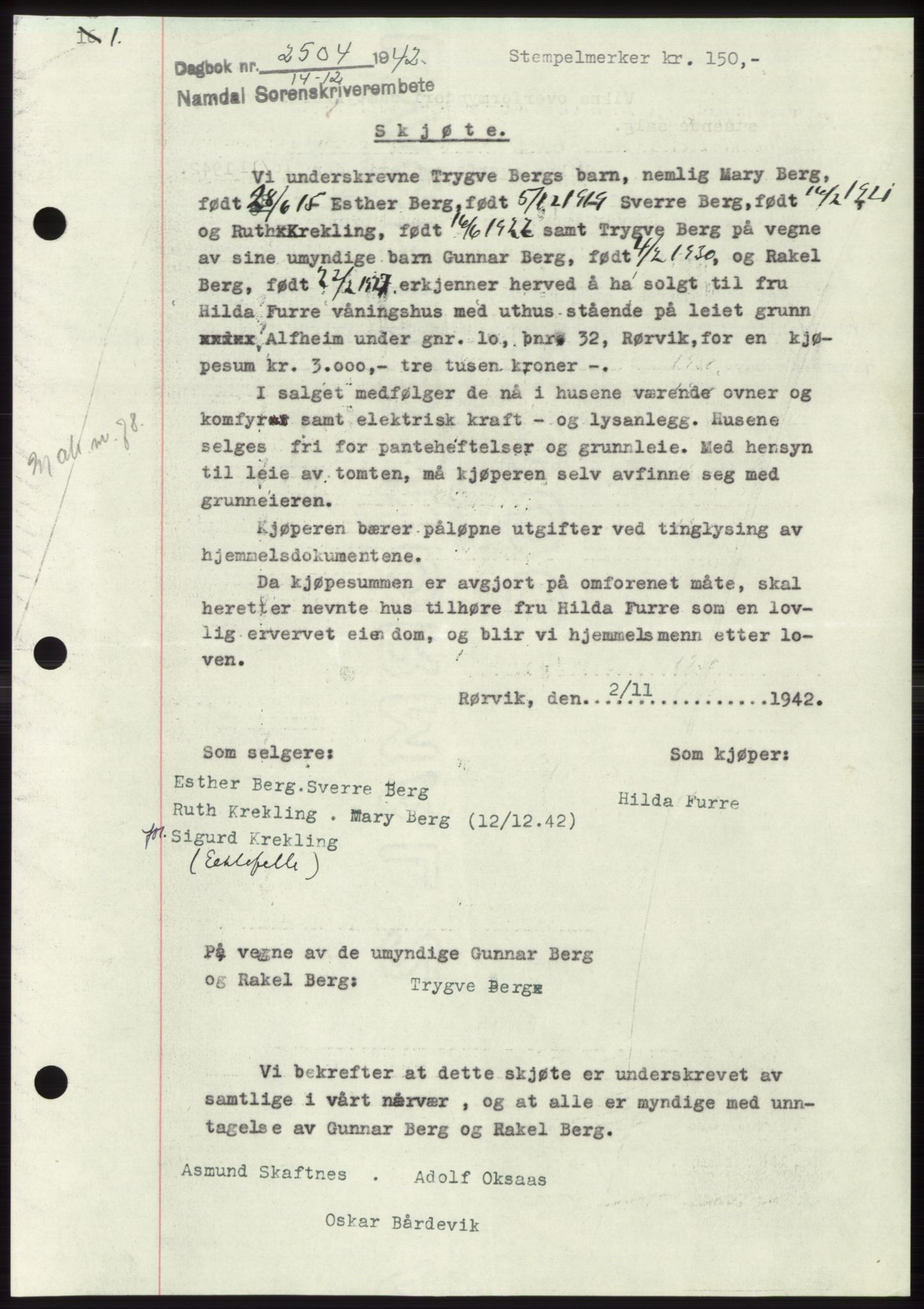 Namdal sorenskriveri, SAT/A-4133/1/2/2C: Pantebok nr. -, 1942-1943, Dagboknr: 2504/1942