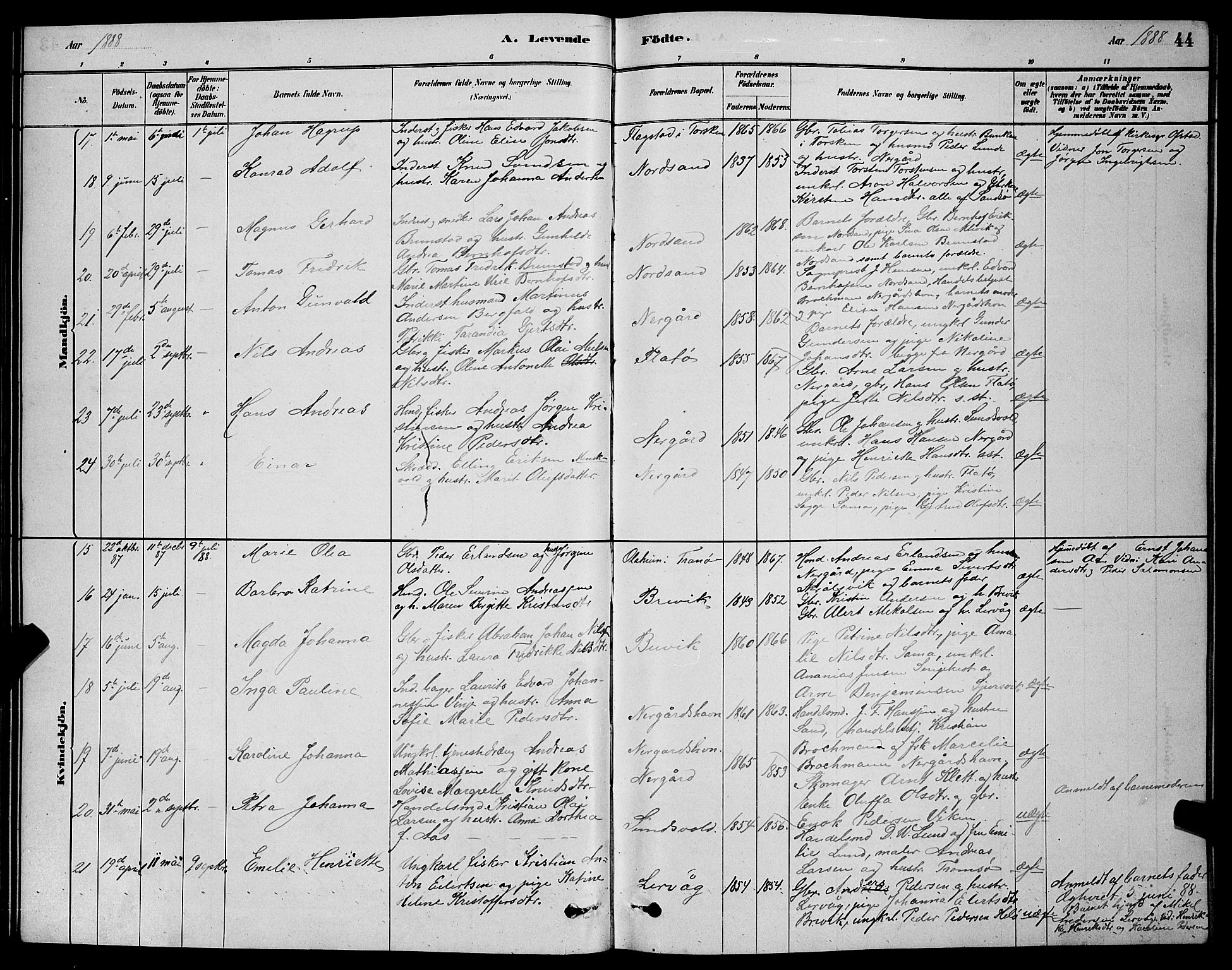 Sand/Bjarkøy sokneprestkontor, AV/SATØ-S-0811/I/Ia/Iab/L0002klokker: Klokkerbok nr. 2, 1878-1890, s. 44
