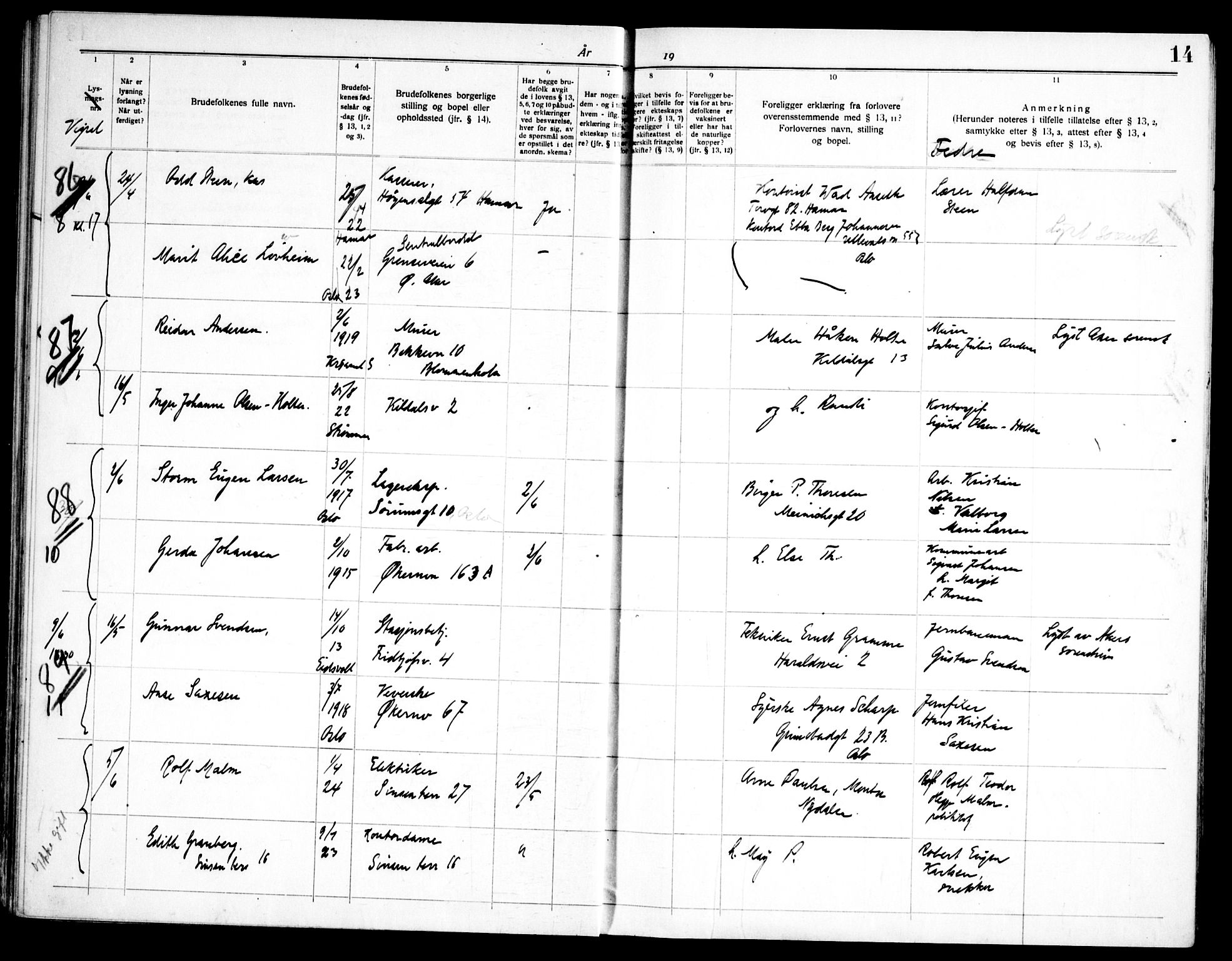 Østre Aker prestekontor Kirkebøker, AV/SAO-A-10840/H/Ha/L0010: Lysningsprotokoll nr. I 10, 1943-1948, s. 14