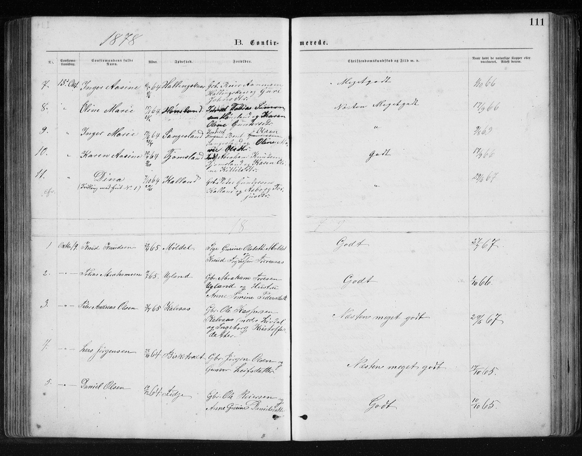Holum sokneprestkontor, SAK/1111-0022/F/Fb/Fbb/L0003: Klokkerbok nr. B 3, 1875-1898, s. 111