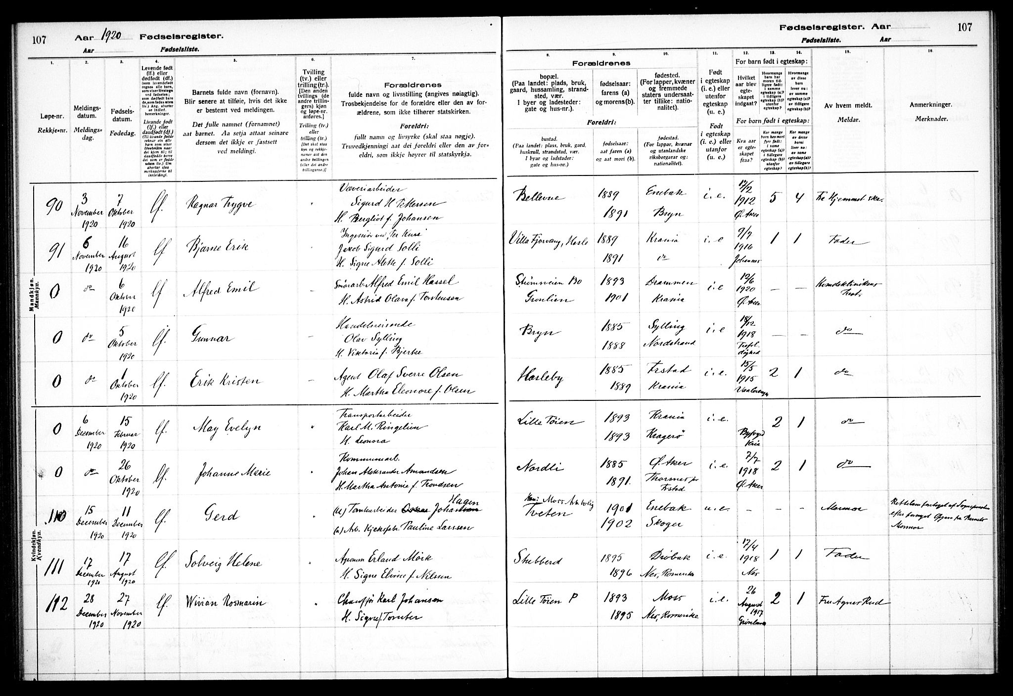 Østre Aker prestekontor Kirkebøker, AV/SAO-A-10840/J/Ja/L0001: Fødselsregister nr. I 1, 1916-1923, s. 107