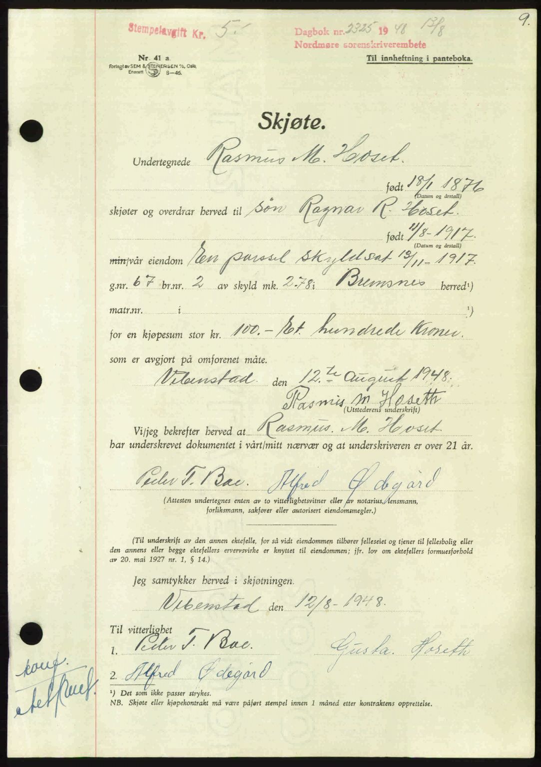 Nordmøre sorenskriveri, AV/SAT-A-4132/1/2/2Ca: Pantebok nr. A109, 1948-1948, Dagboknr: 2325/1948