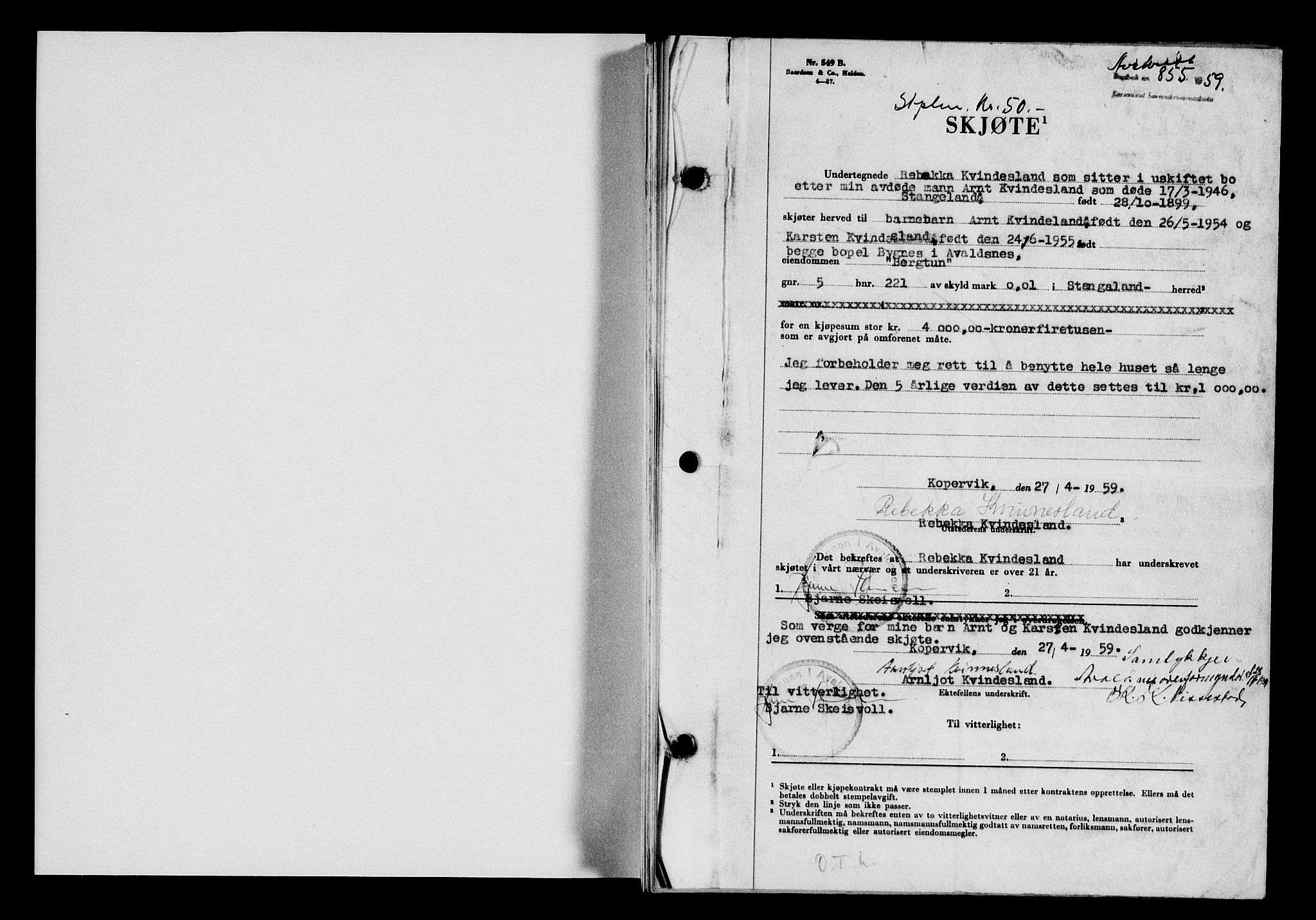 Karmsund sorenskriveri, AV/SAST-A-100311/01/II/IIB/L0131: Pantebok nr. 111A, 1959-1959, Dagboknr: 855/1959